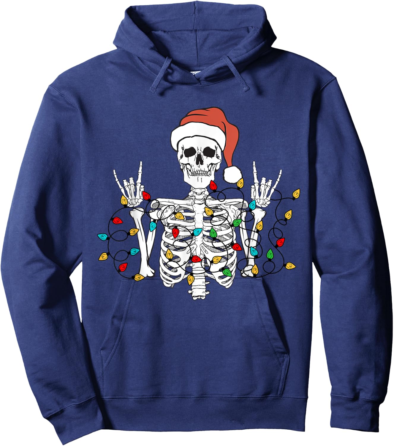 Christmas Skeleton Rocker Wrapped in Xmas Lights Santa Hat Hoodie - Hoodie | Navy