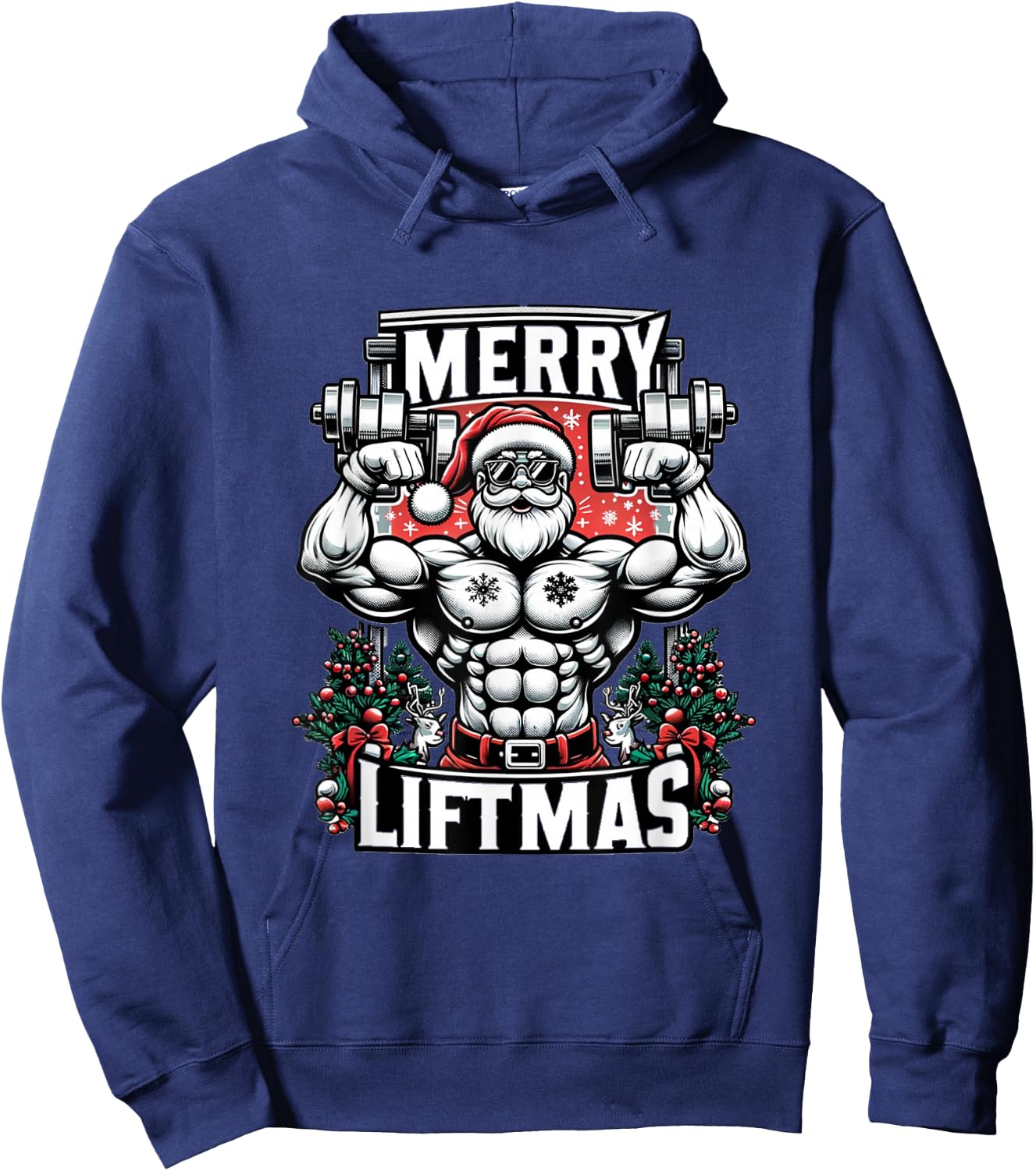 Merry Liftmas Christmas Fitness Madness Gym Santa BB Posing Hoodie - Hoodie | Navy