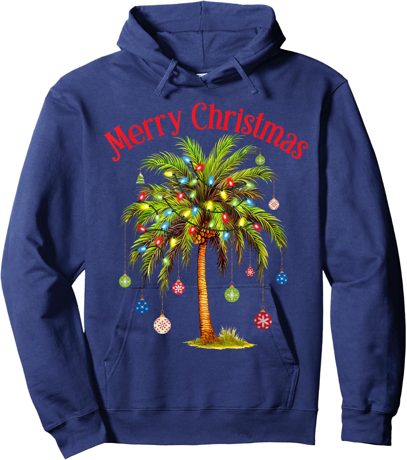 Merry Christmas Palm Tree Light Hawaiian Tropical Christmas Hoodie - Hoodie | Navy