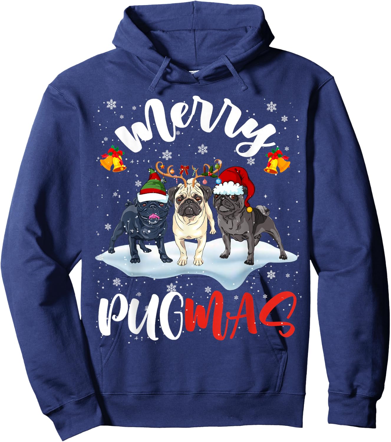 Merry Pugmas Funny Santa Reindeer Elf Pug Dog Christmas Hoodie - Hoodie | Navy
