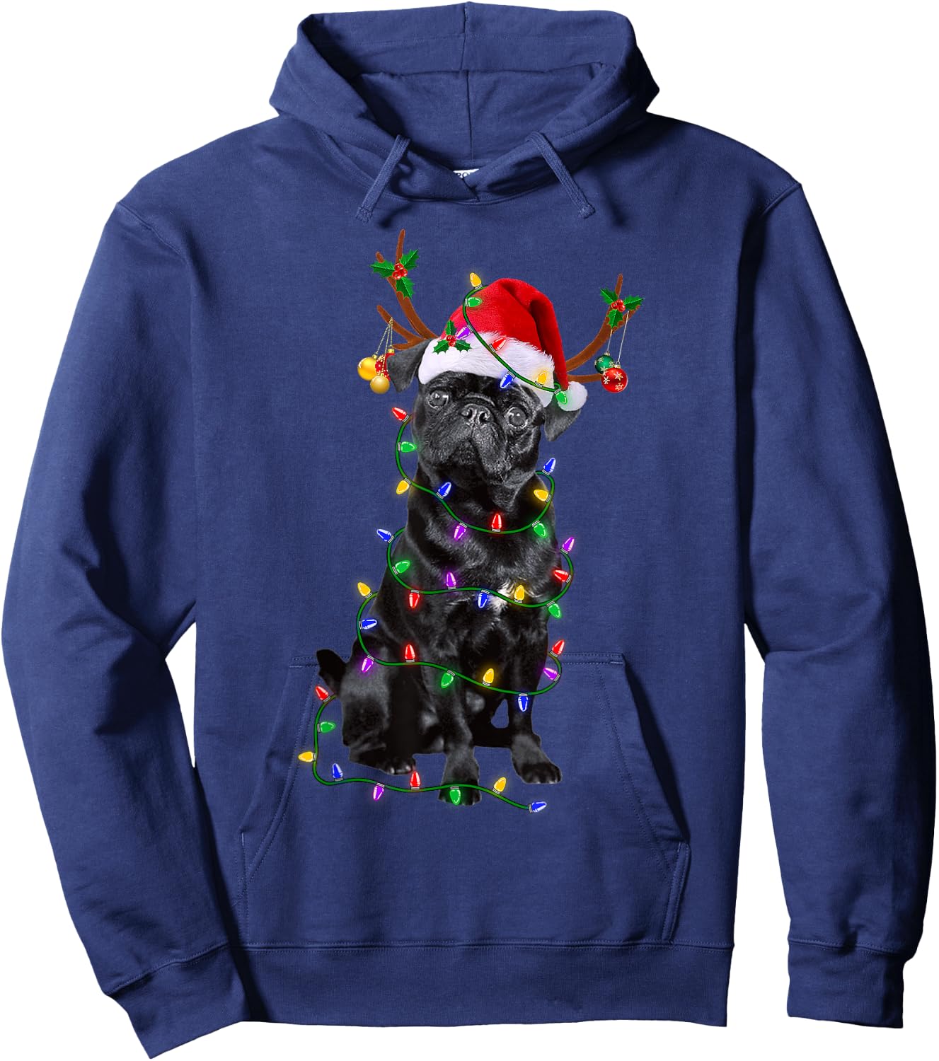 Funny Black Pug Dog Tree Christmas Lights Xmas Hoodie - Hoodie | Navy