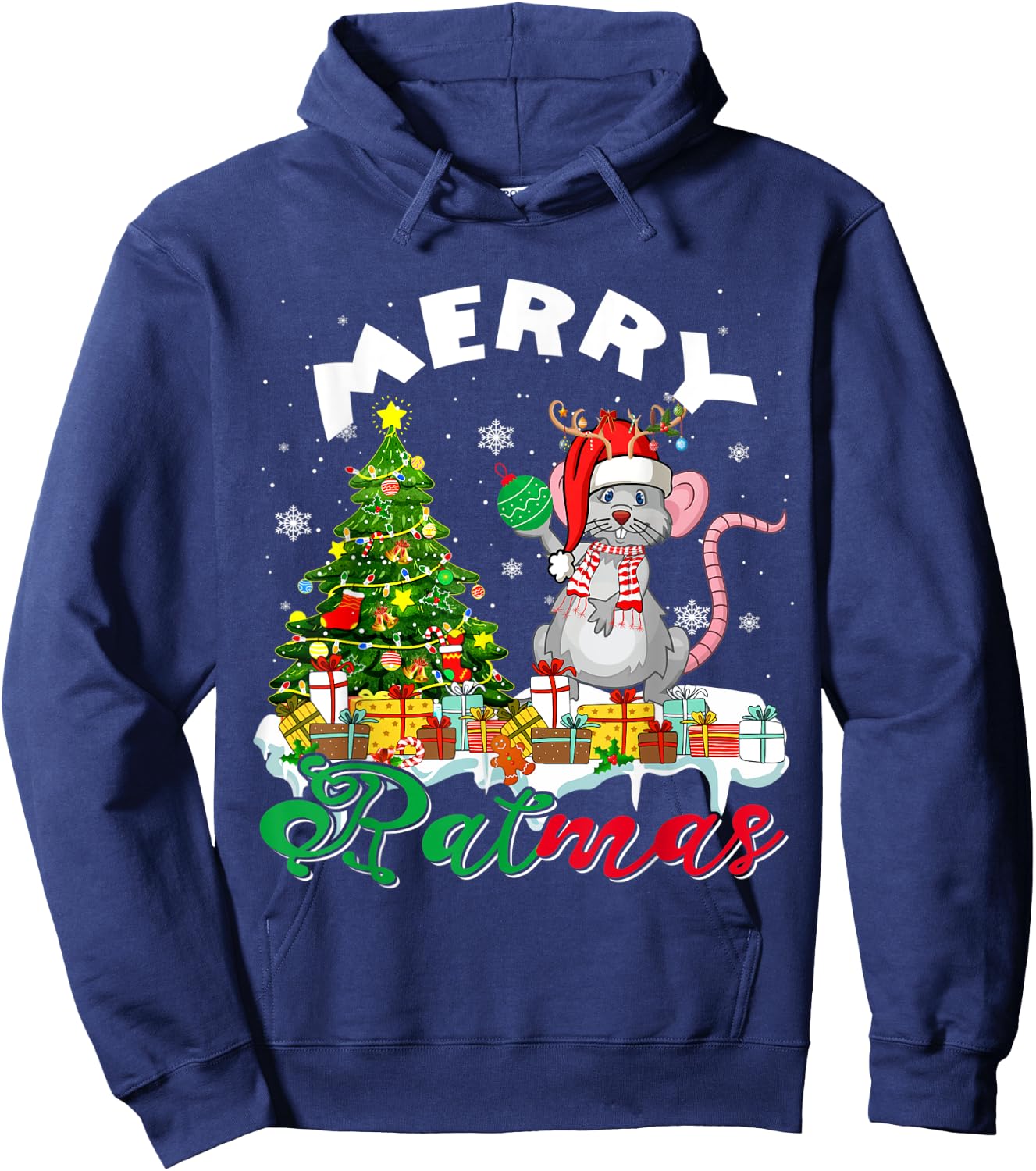Merry Xmas Santa Reindeer Rat Sitting With Xmas Presents Hoodie - Hoodie | Navy