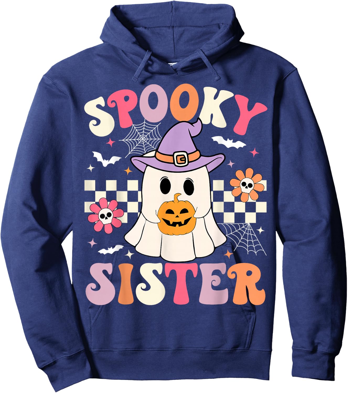 Groovy Spooky Sister Retro Ghost Holding Pumpkin Halloween Hoodie - Hoodie | Navy