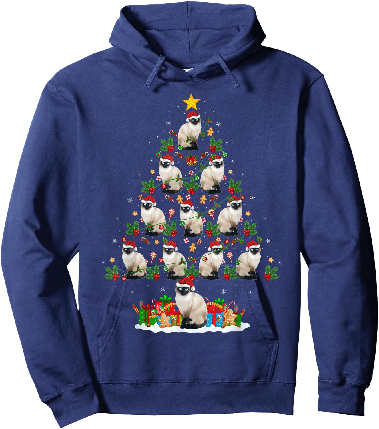 Lighting Xmas Holiday Santa Balinese Cat Christmas Tree Women Kids Hoodie - Hoodie | Navy