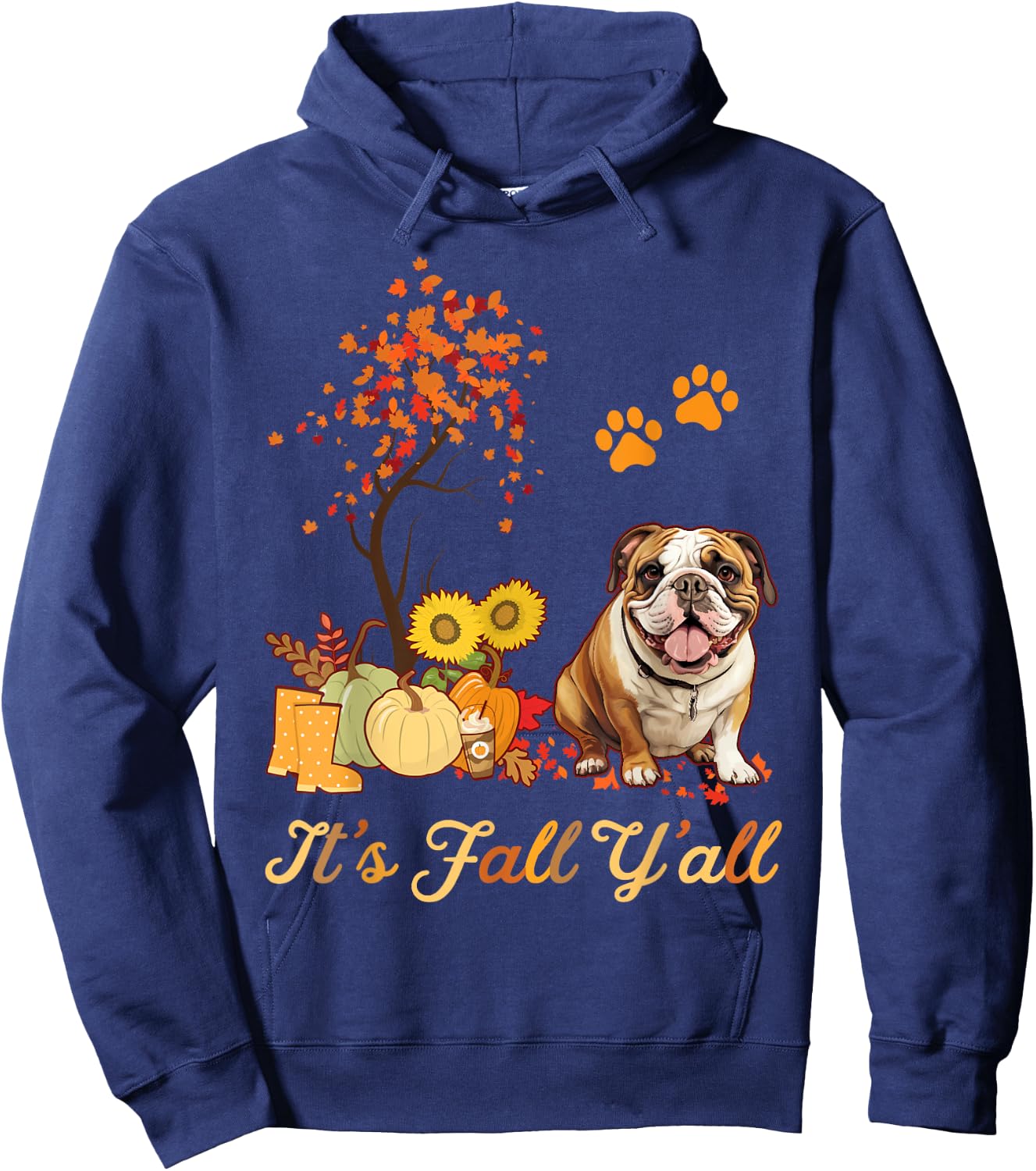 English Bulldog Fall Leaves Autumn Maple Tree Thanksgiving Hoodie - Hoodie | Navy