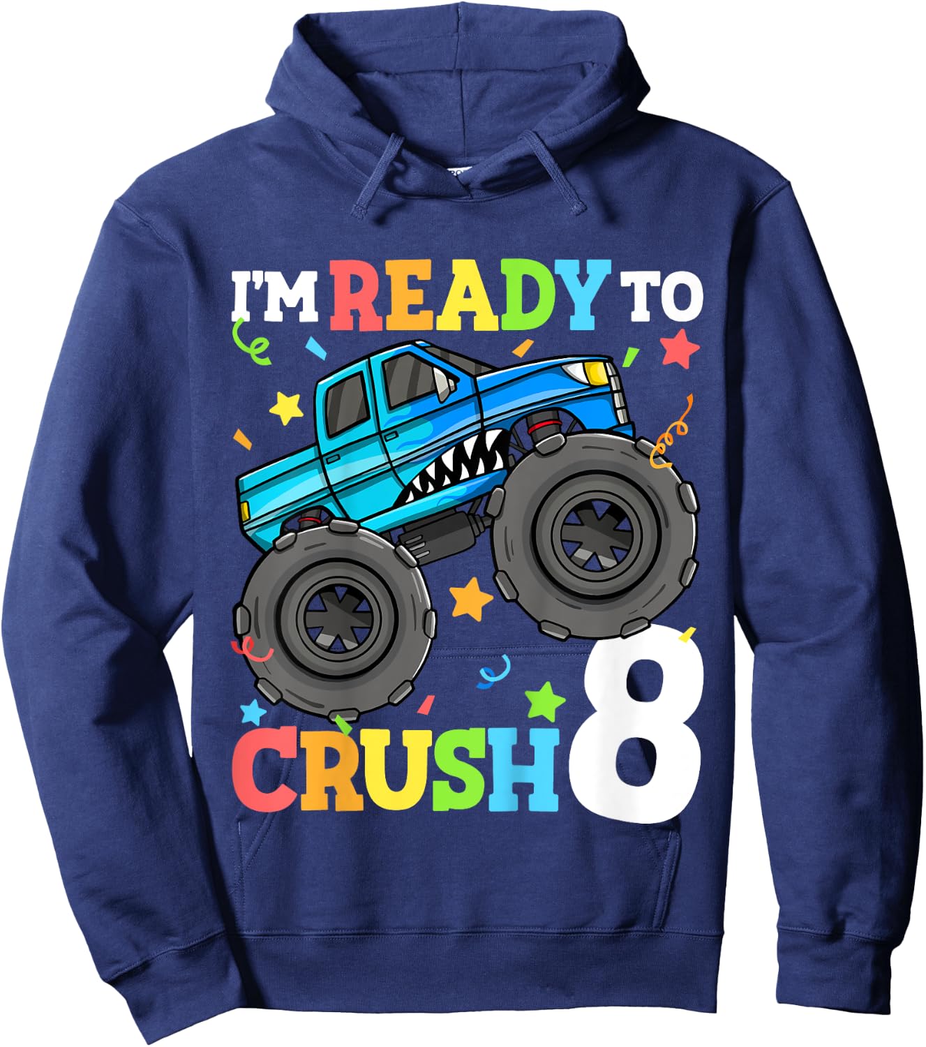 Kids Monster Truck Shark 8th Birthday Boy 8 Eight Year Old Hoodie - Hoodie | Navy