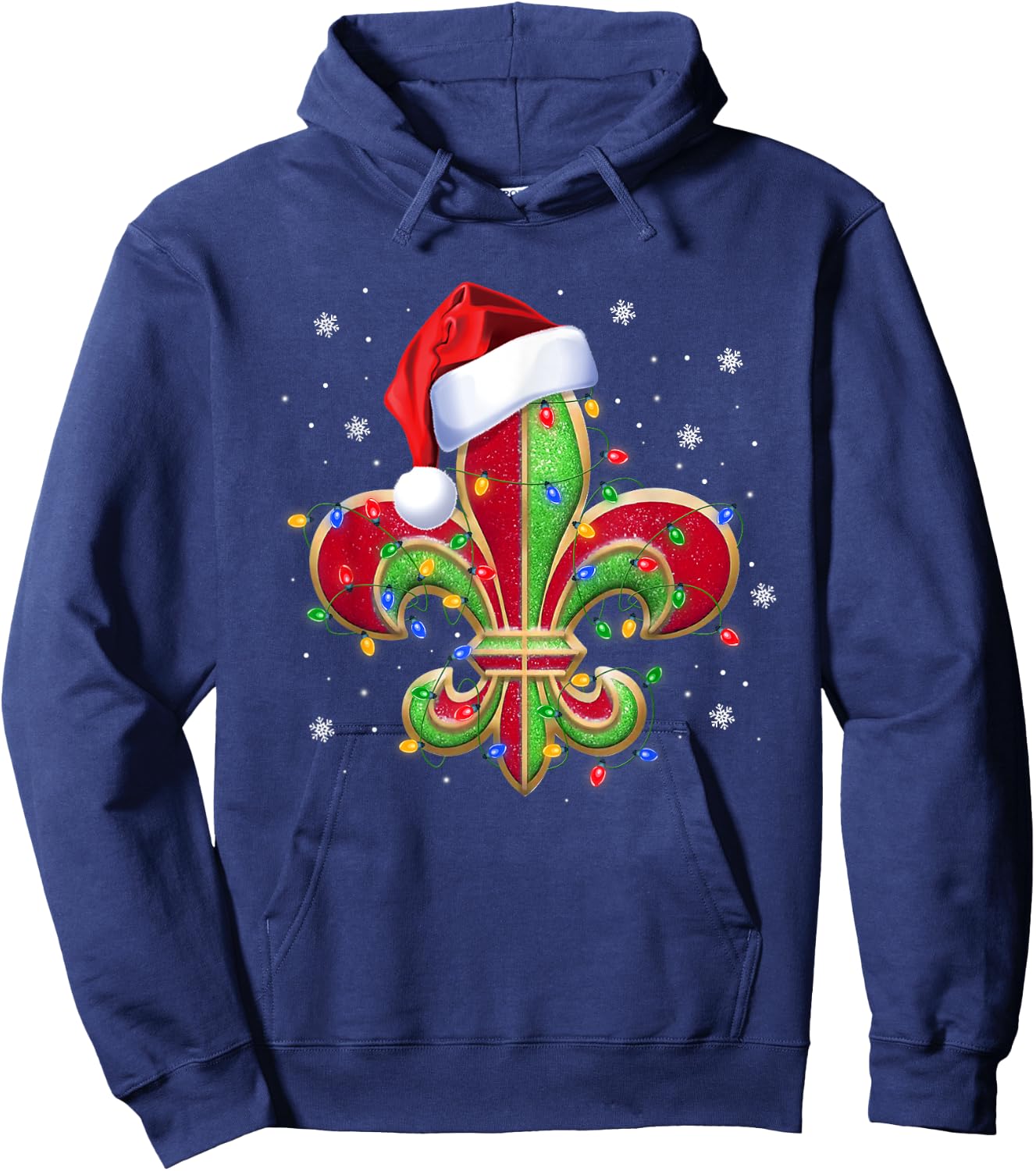 Fleur De Lis Christmas Ornament with Santa Hat Xmas Lights Hoodie - Hoodie | Navy