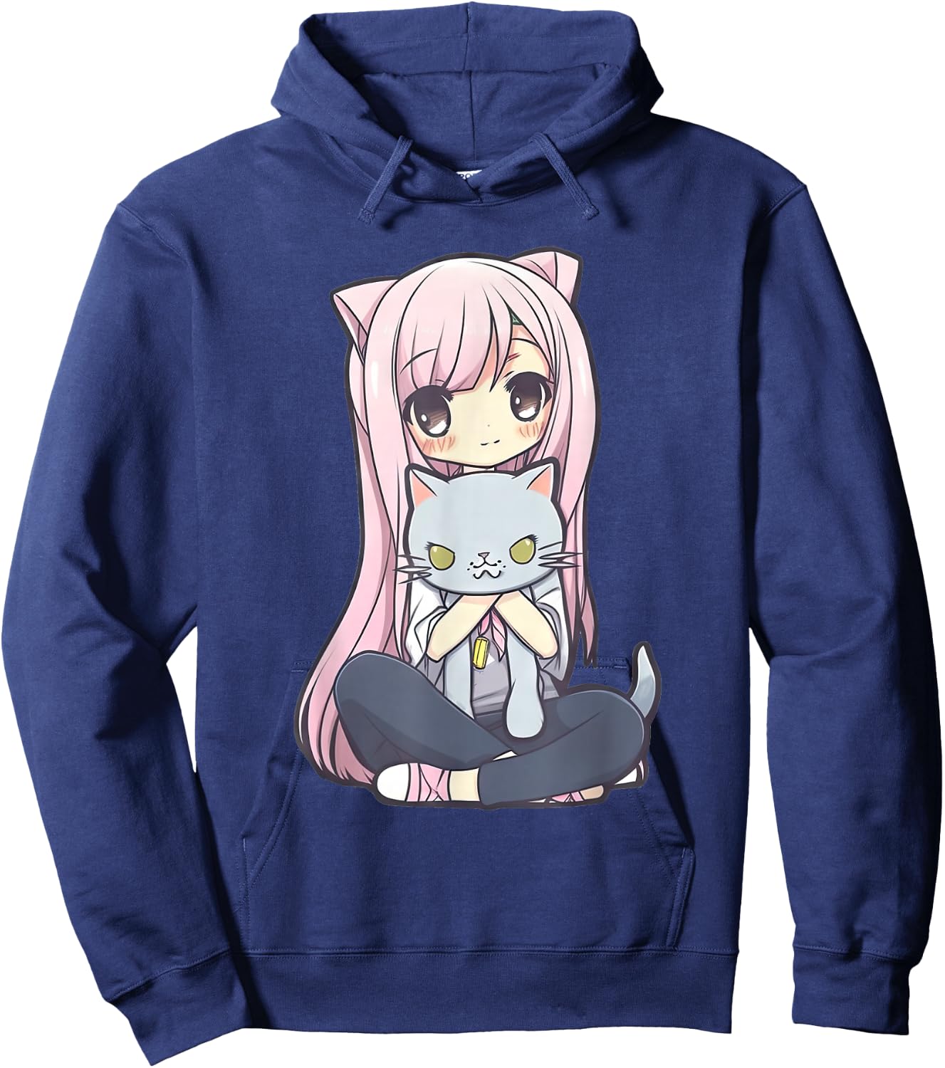 Anime and Cats Kawaii Cute Teen Otaku Girl with Cat Hoodie - Hoodie | Navy