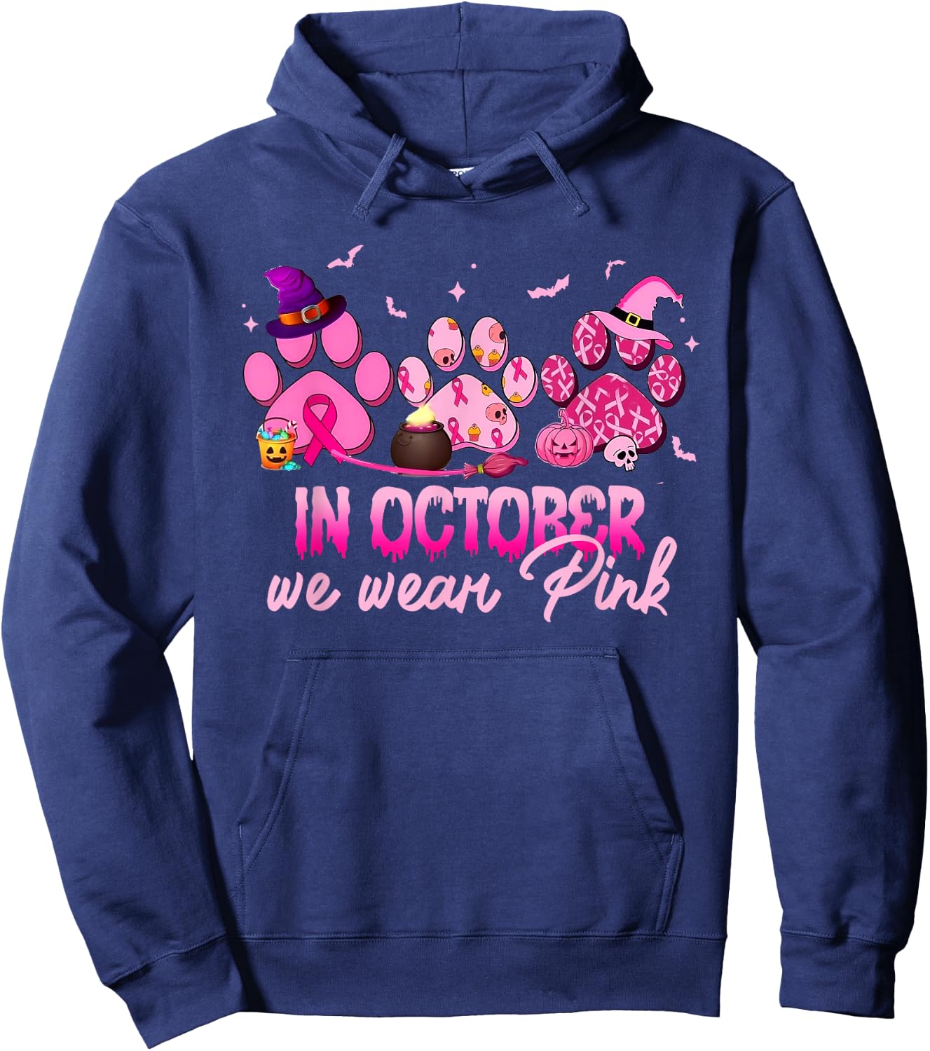 In October We Wear Pink Dog Cat Paw Breast Cancer Awareness Hoodie - Hoodie | Navy