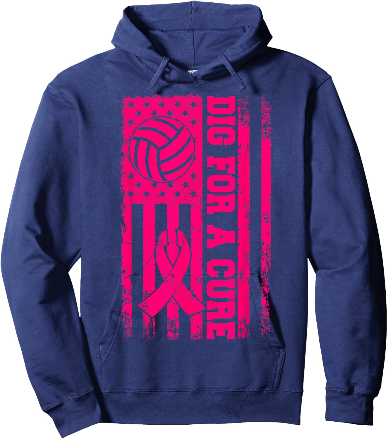 Dig For A Cure Breast Cancer Volleyball Pink American Flag Hoodie - Hoodie | Navy