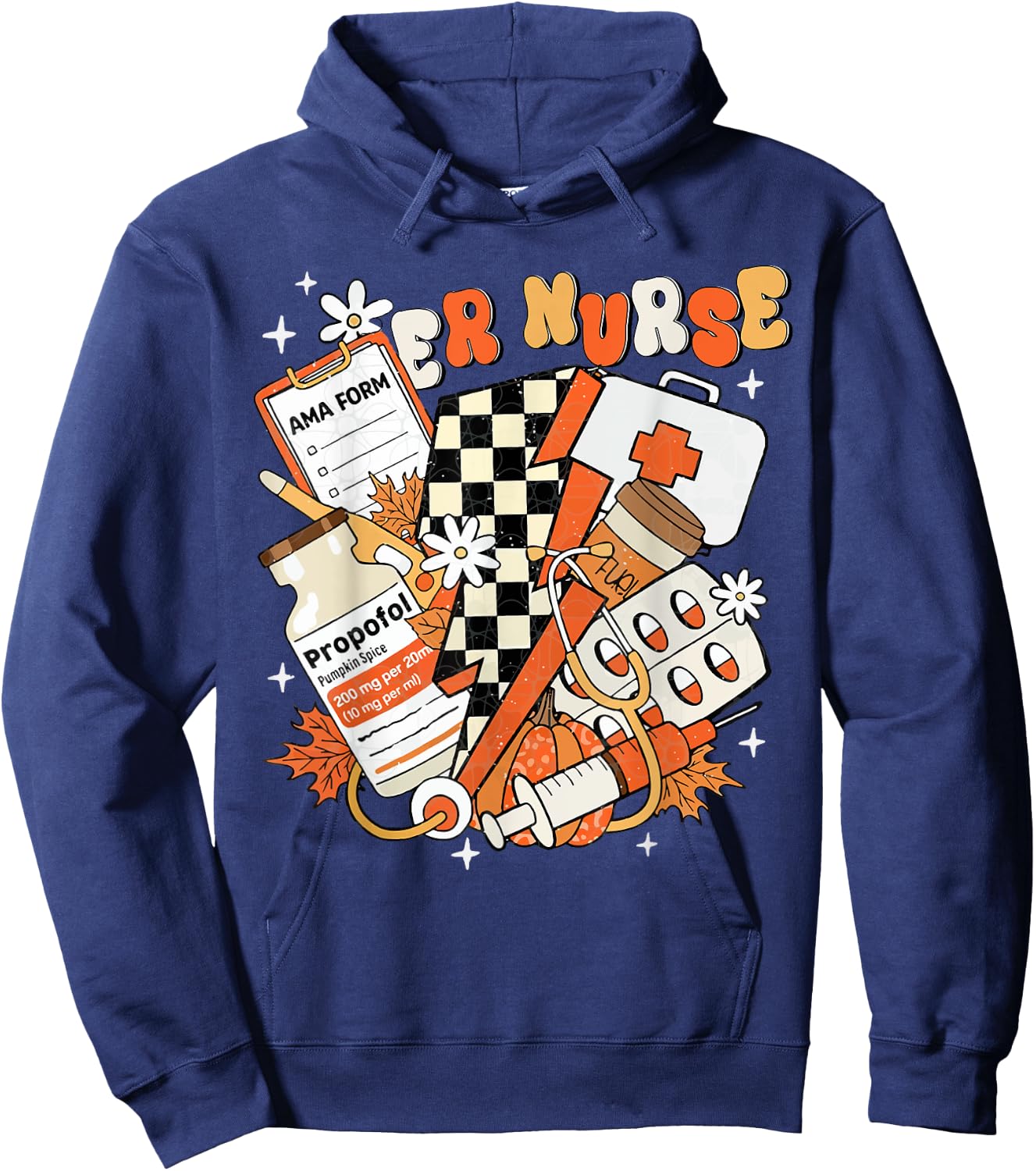 ER nurse Thanksgiving Autumn Fall groovy Emergency nurse Hoodie - Hoodie | Navy