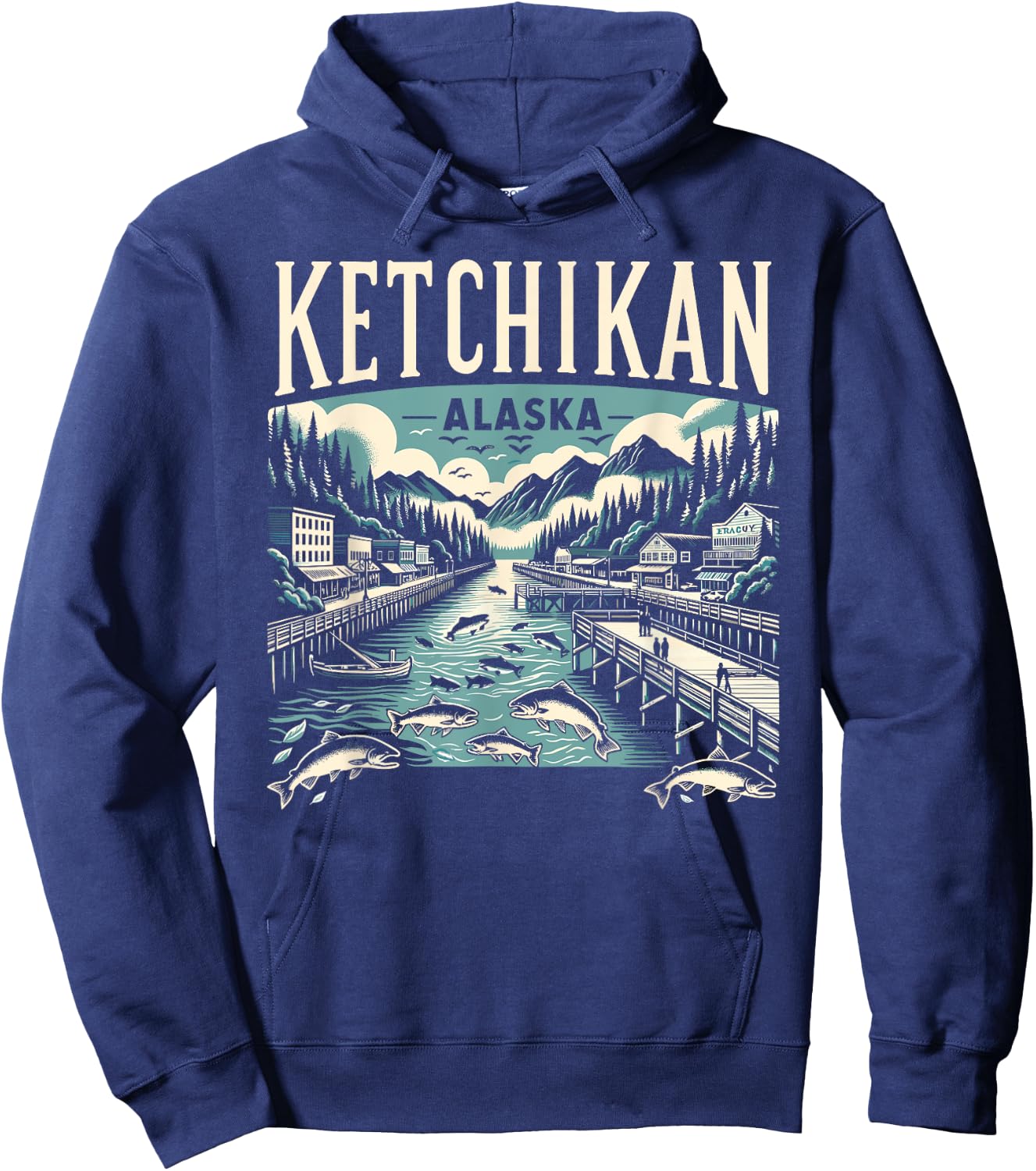 Ketchikan Alaska AK Vintage Graphic Salmon Capital Fishing Hoodie - Hoodie | Navy