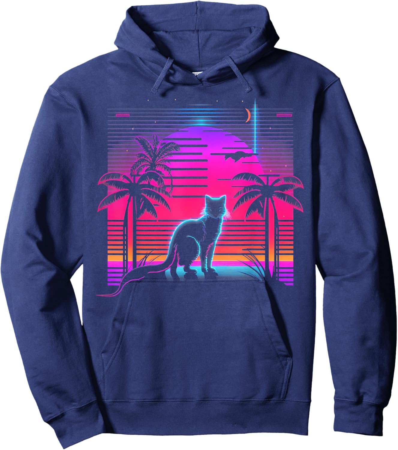 Cat Vaporwave Retrowave Aesthetic Synthwave 80s Palm Tree Women Kids Hoodie - Hoodie | Navy