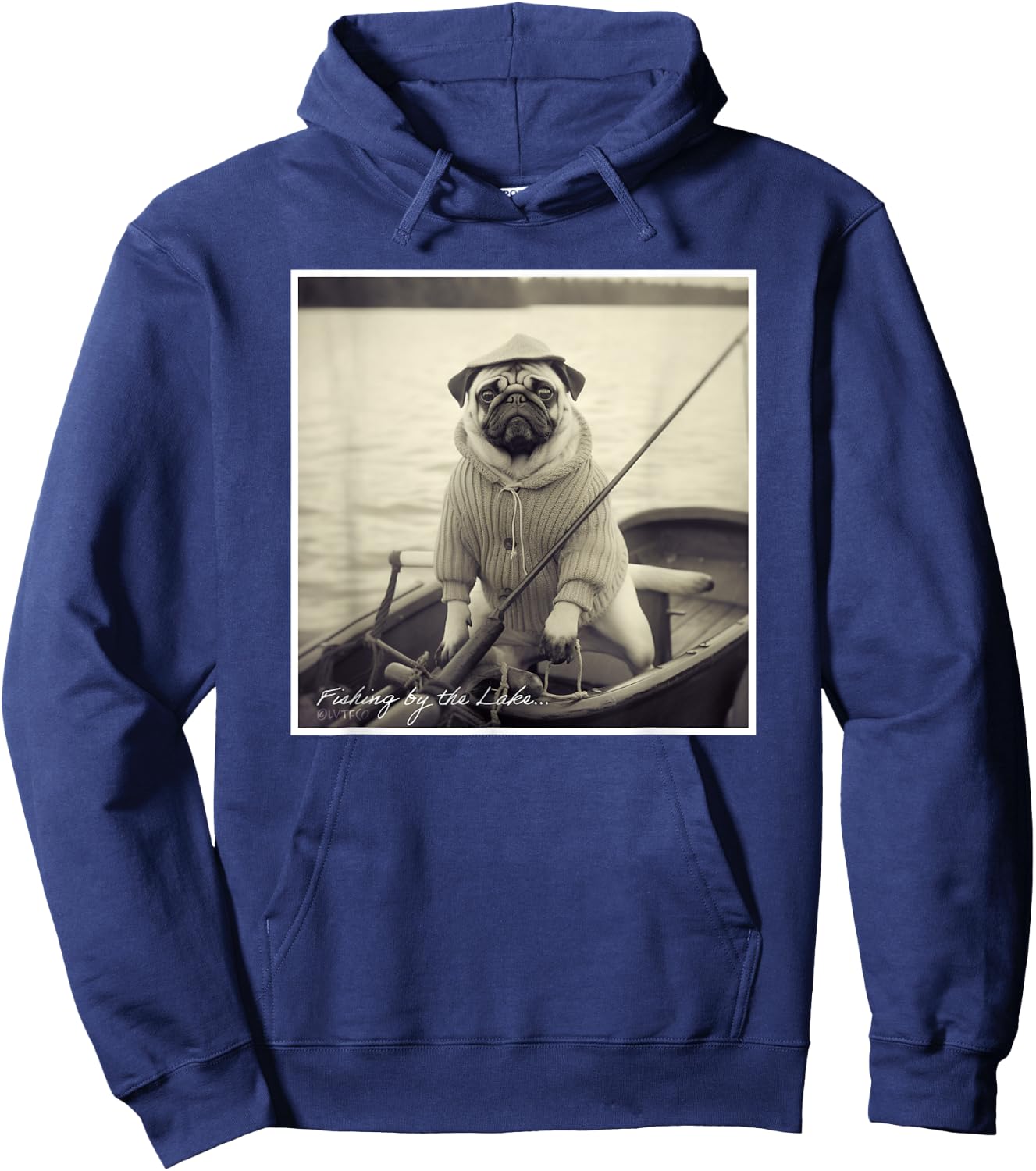 Funny Pug Fisherman on Boat Vintage Graphic Hoodie - Hoodie | Navy