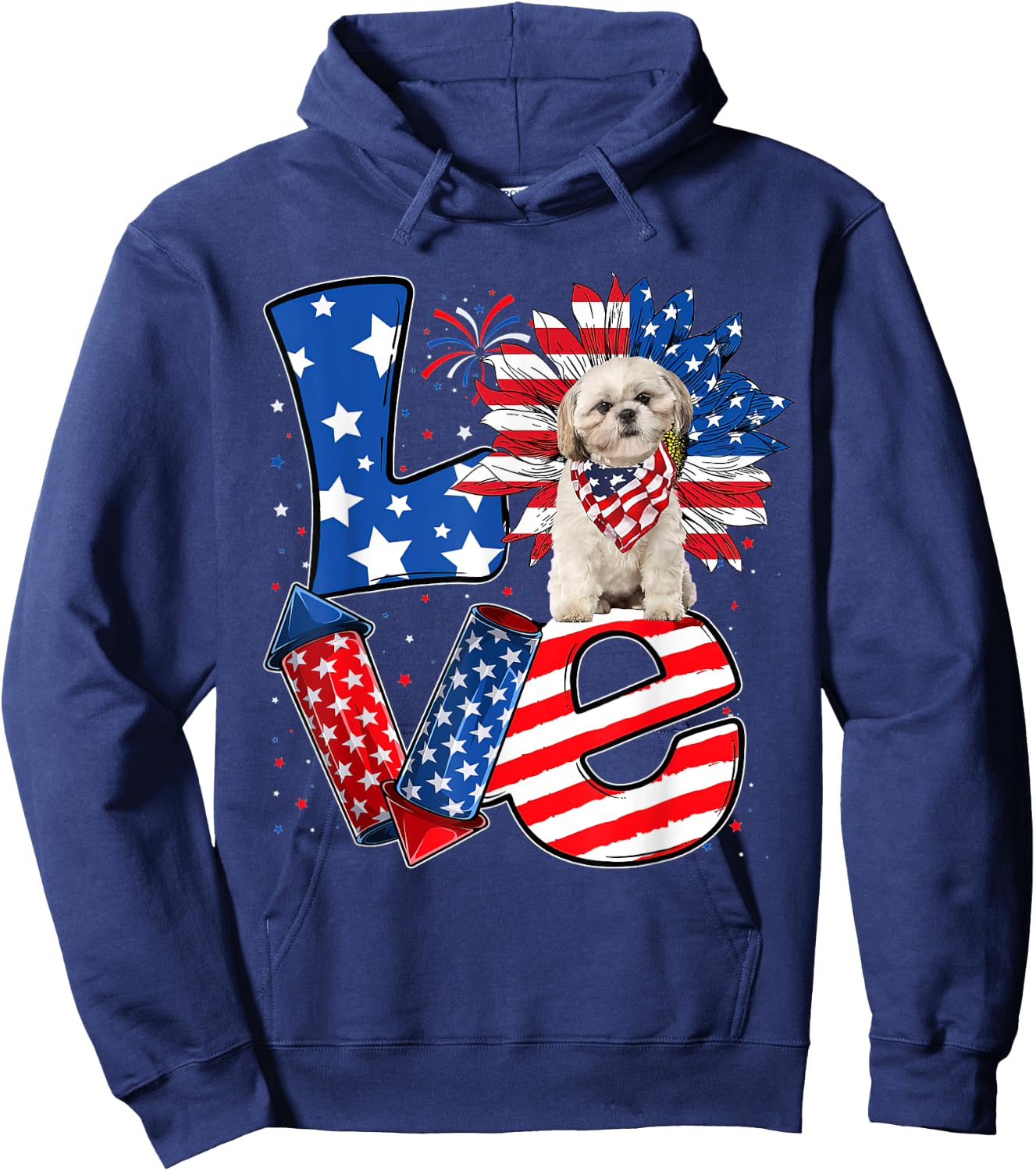4th of July Decor Patriotic LOVE Shih Tzu Dog USA Flag Hoodie - Hoodie | Navy