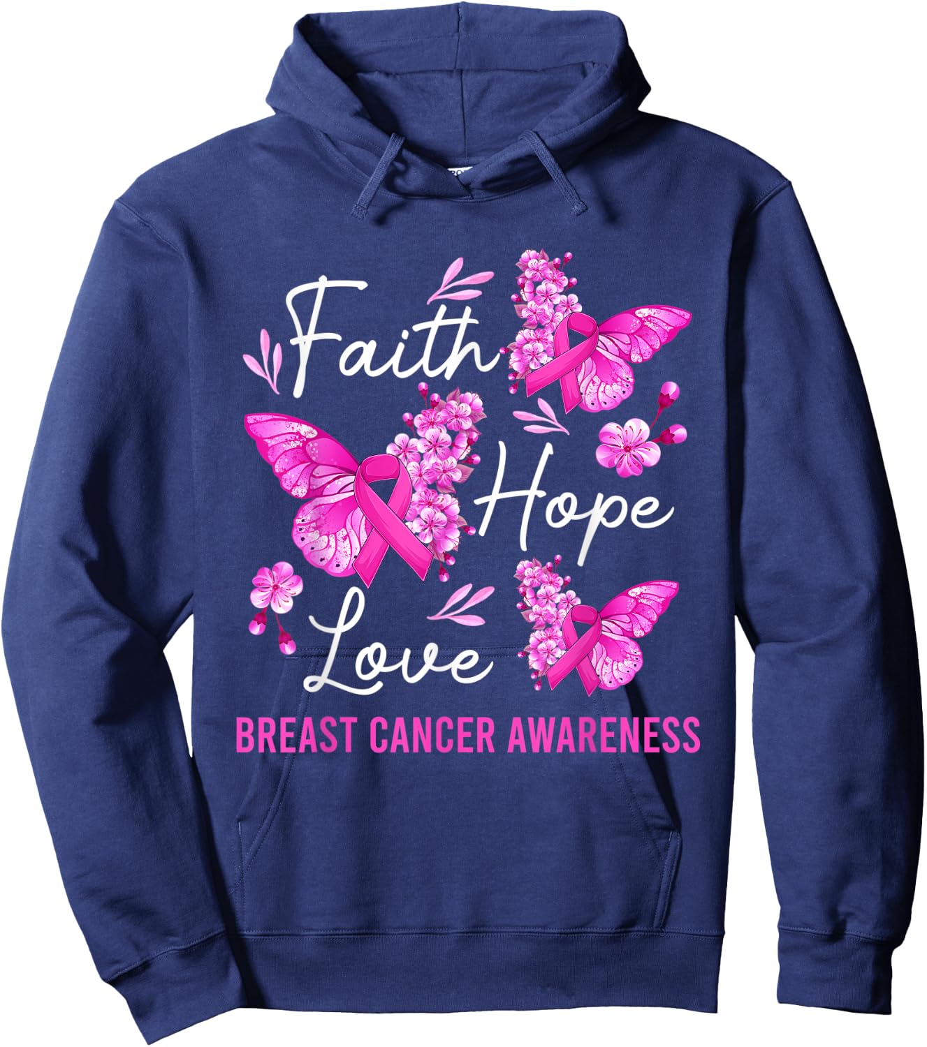 Butterfly Faith Hope Love Ribbon Breast Cancer Awareness Hoodie - Hoodie | Navy
