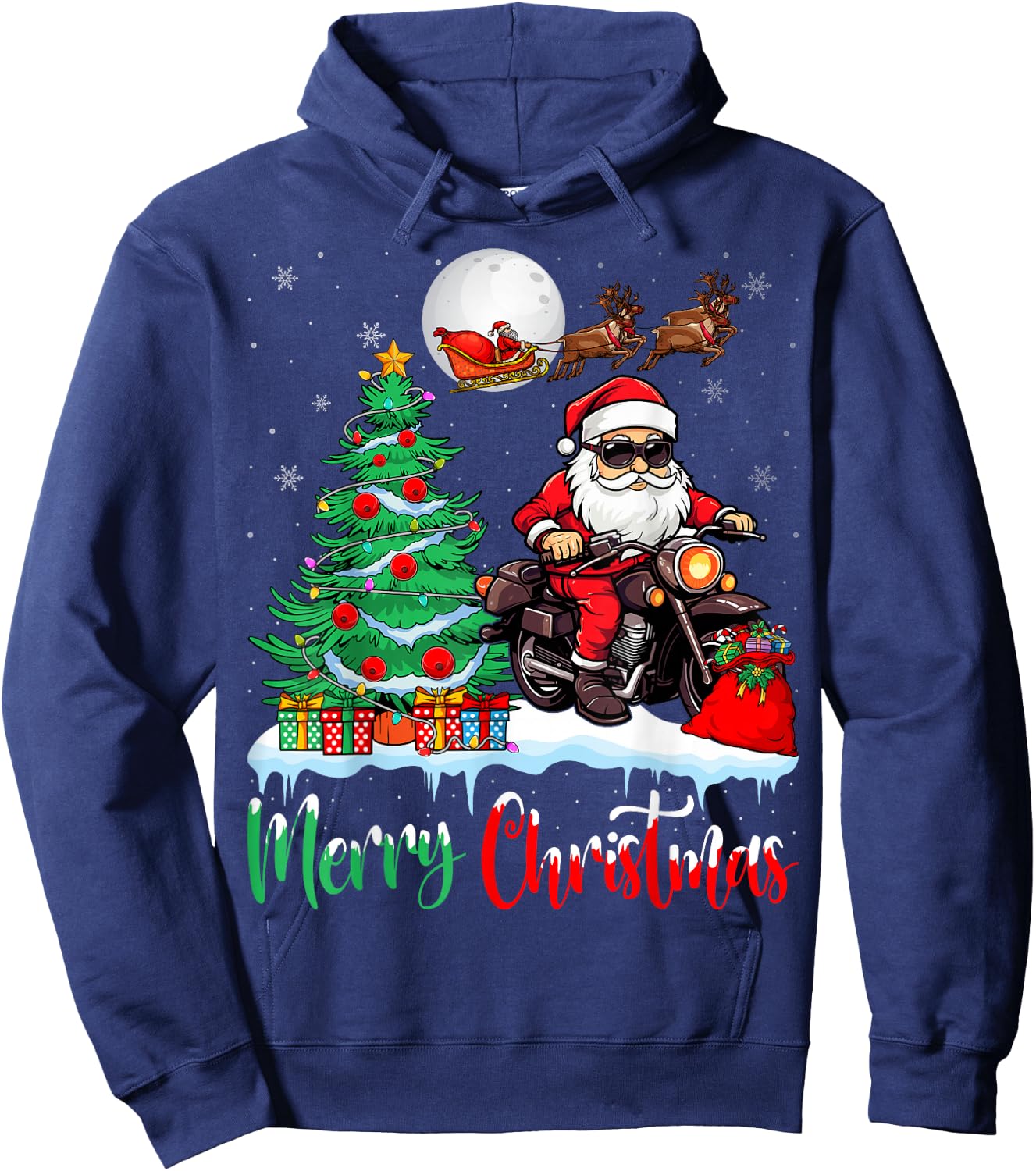 Motorcycle Santa Christmas Tree Xmas Merry Christmas Santa Hoodie - Hoodie | Navy
