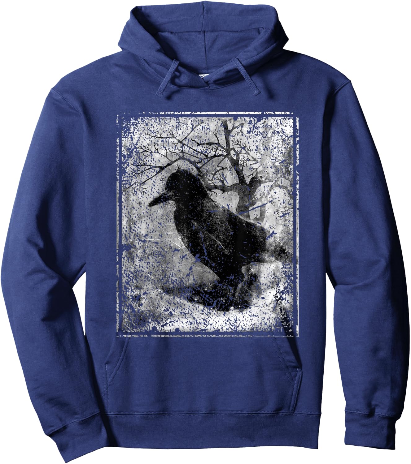 Black Crow on Tree- Vintage Dark Art Occult Aesthetics Hoodie - Hoodie | Navy