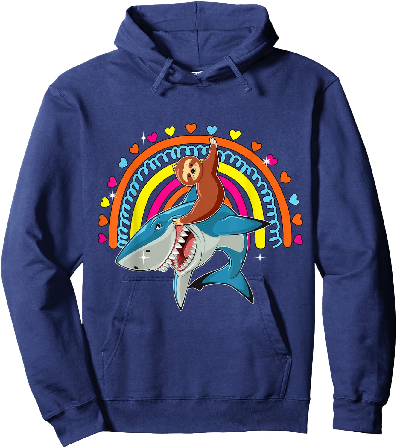 Sloth Riding Shark Funny Zoo Animal Rainbow Hearts Lover Hoodie - Hoodie | Navy