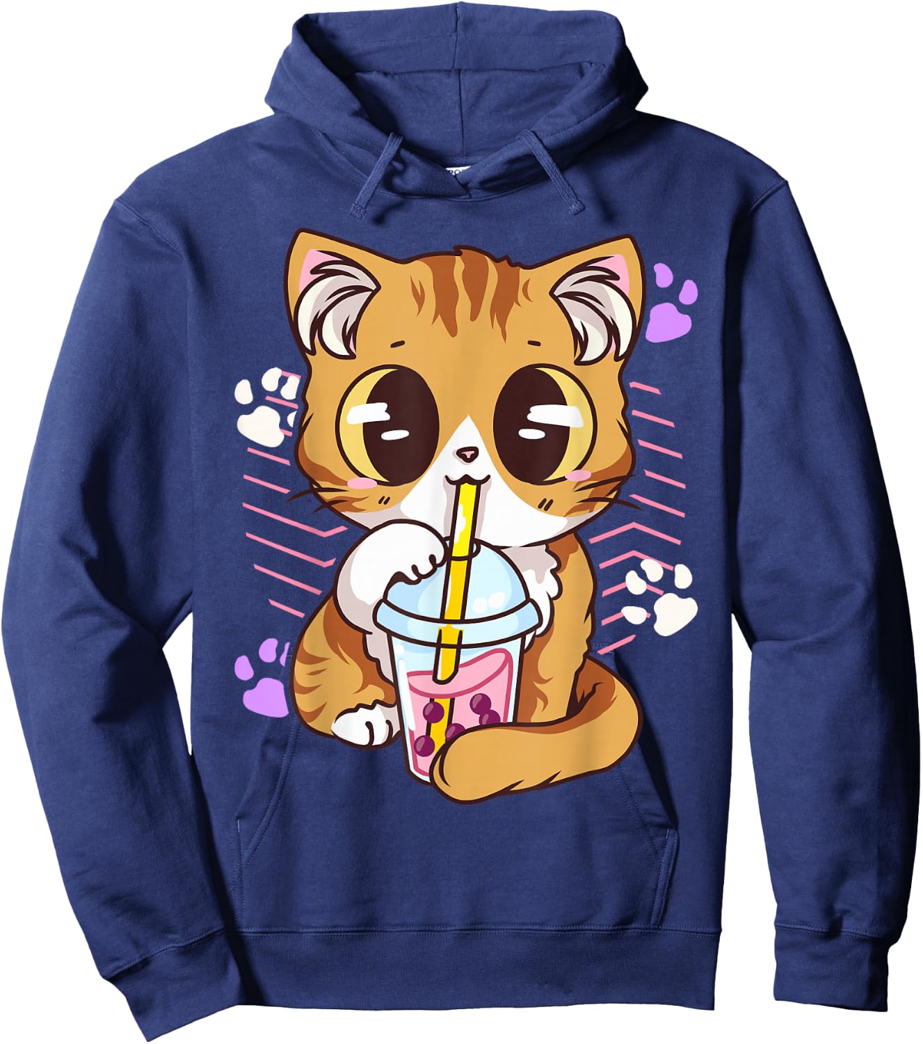 Cute Kawaii Cat Boba Bubble Milk Tea Anime Neko Kitten Hoodie - Hoodie | Navy