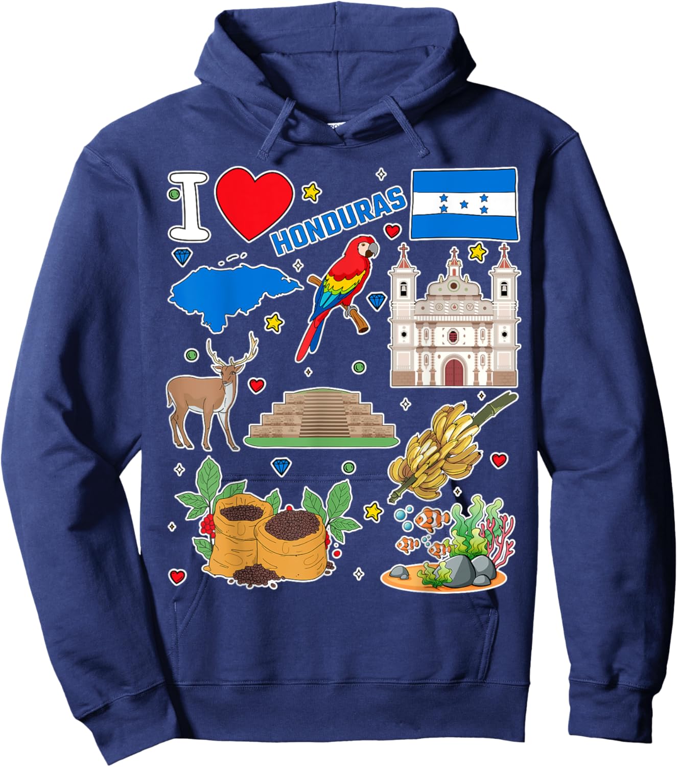 Honduran hand drawn symbols, Honduras map, cultural icons Hoodie - Hoodie | Navy