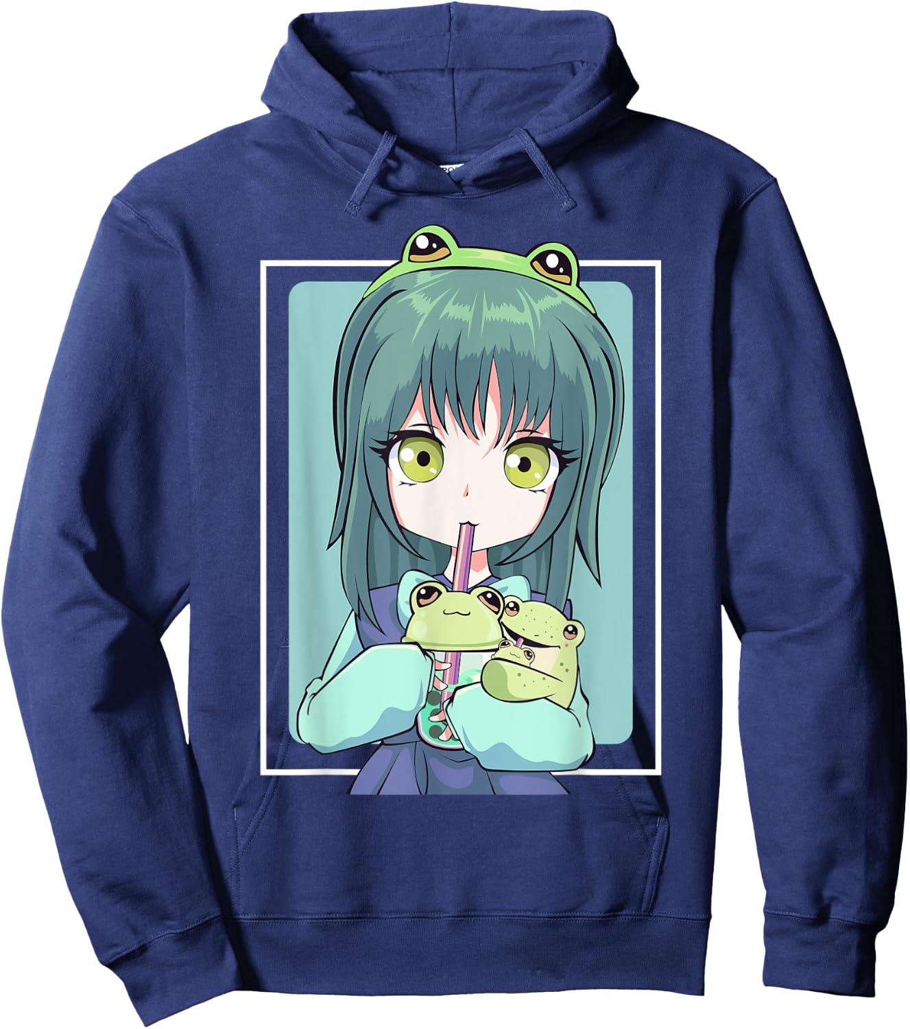 Anime Girl for Frog Lovers and Kawaii Boba Tea Frog Teens Hoodie - Hoodie | Navy