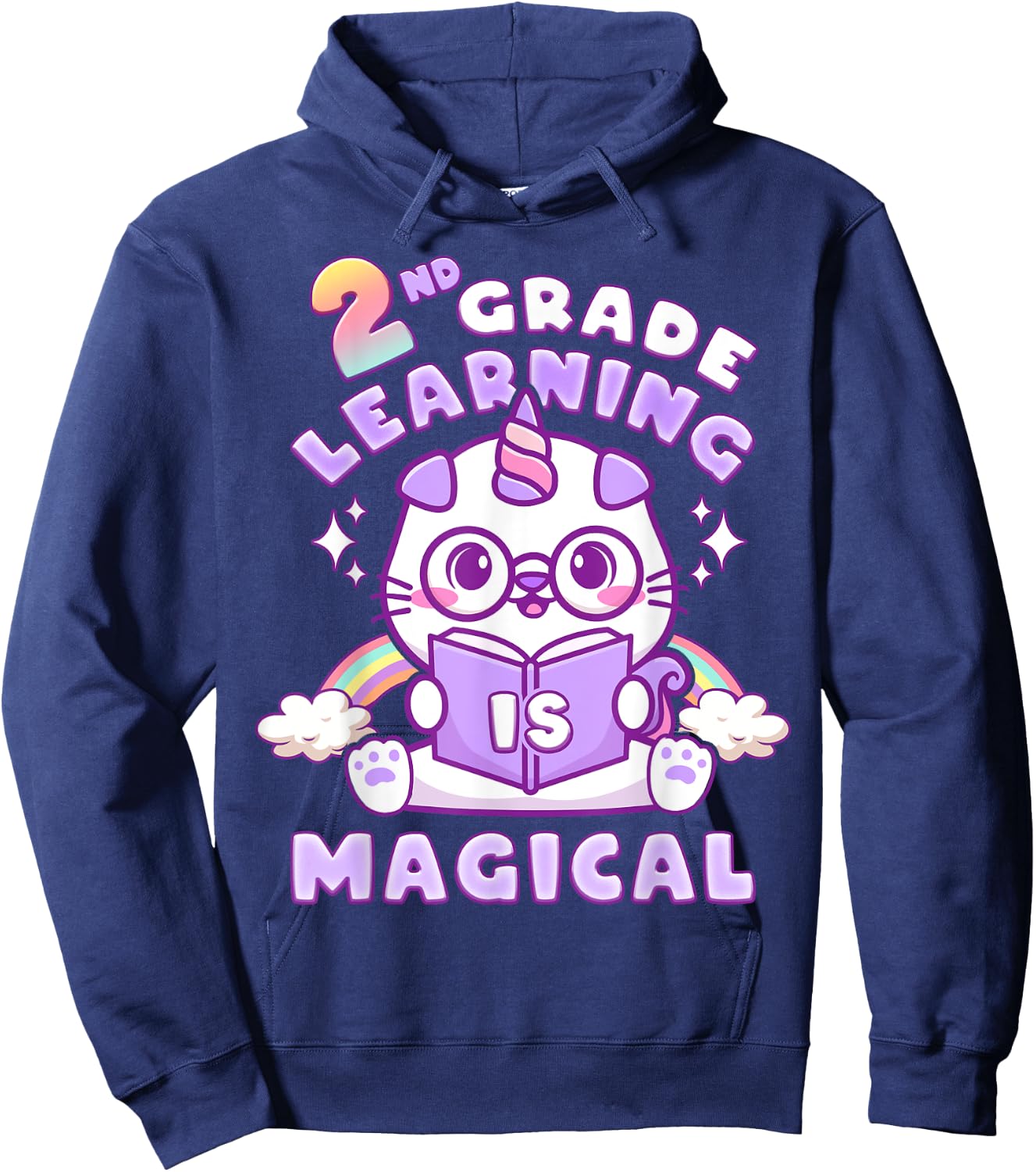 Back To School First Day of 2nd Grade Girl Unicorn Cat Hoodie - Hoodie | Navy