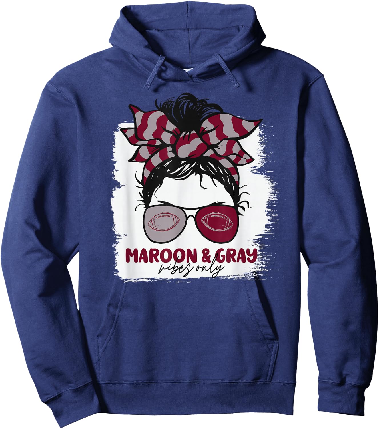 Maroon and Gray Vibes Only Football Mom Gameday Messy Hair Hoodie - Hoodie | Navy