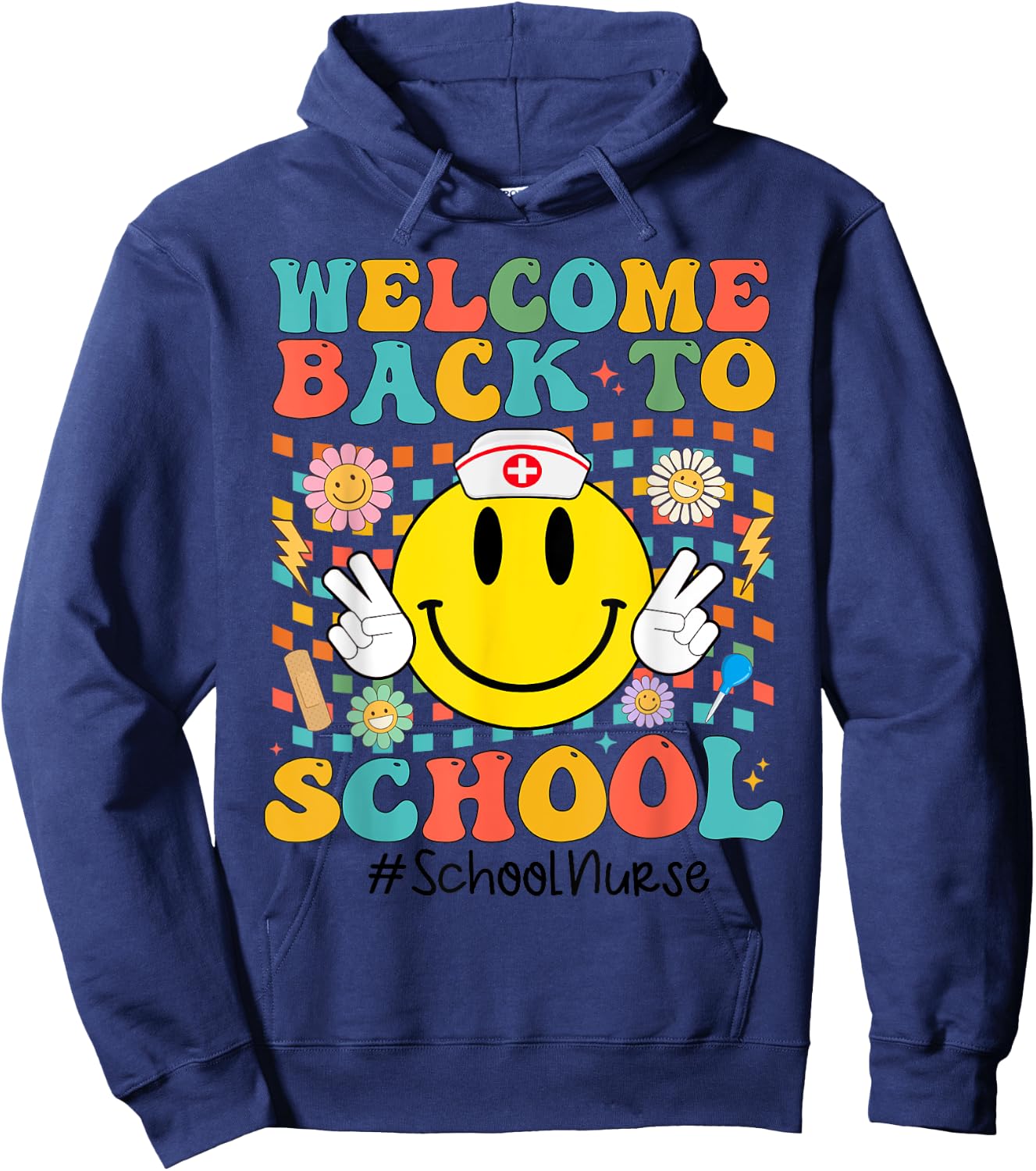 Retro Groovy Welcome Back To School Shool Nurse Smile Face Hoodie - Hoodie | Navy