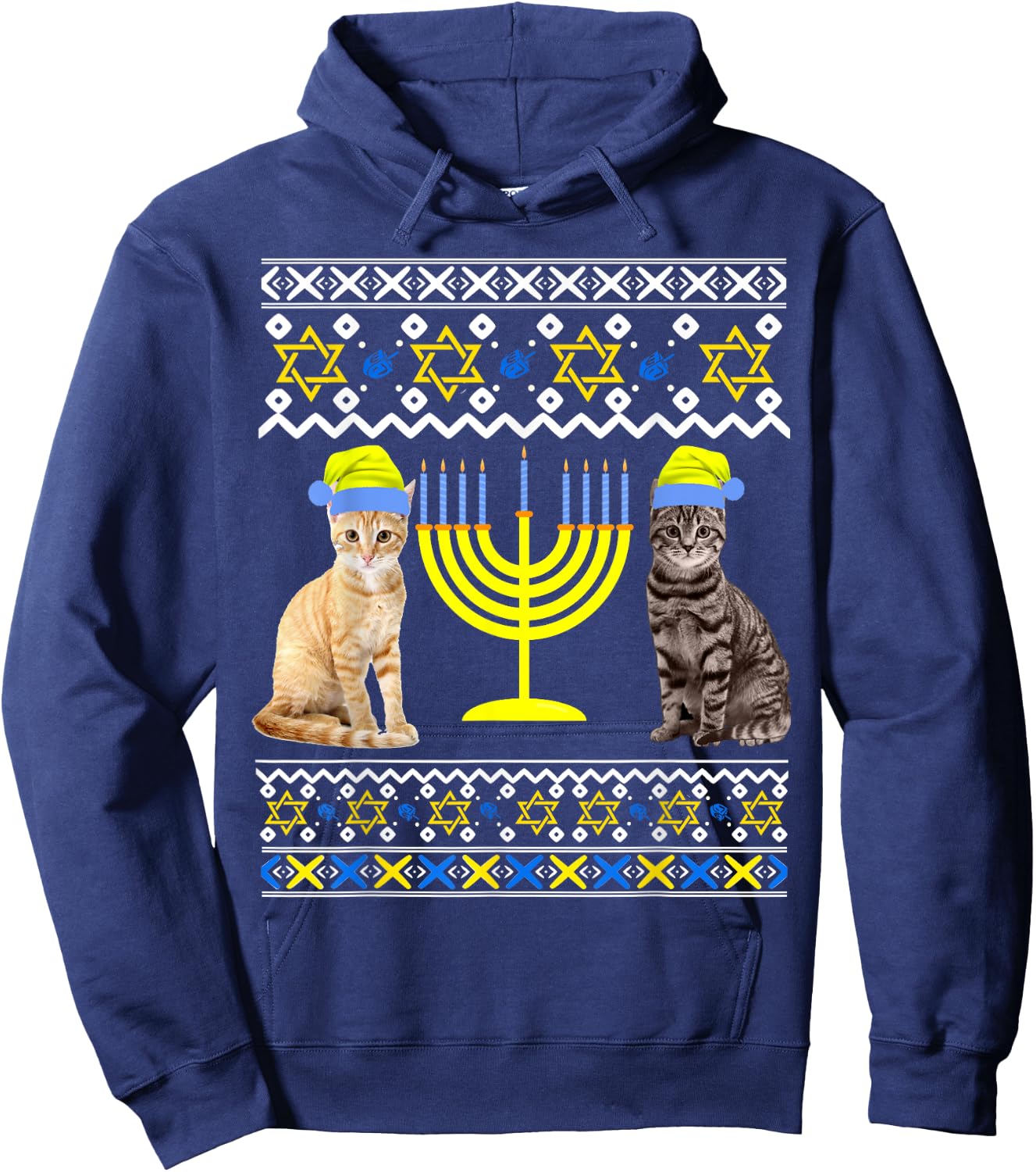 Cat With Menorah Hanukkah Chanukah Menorah Cat Sweater Hoodie - Hoodie | Navy