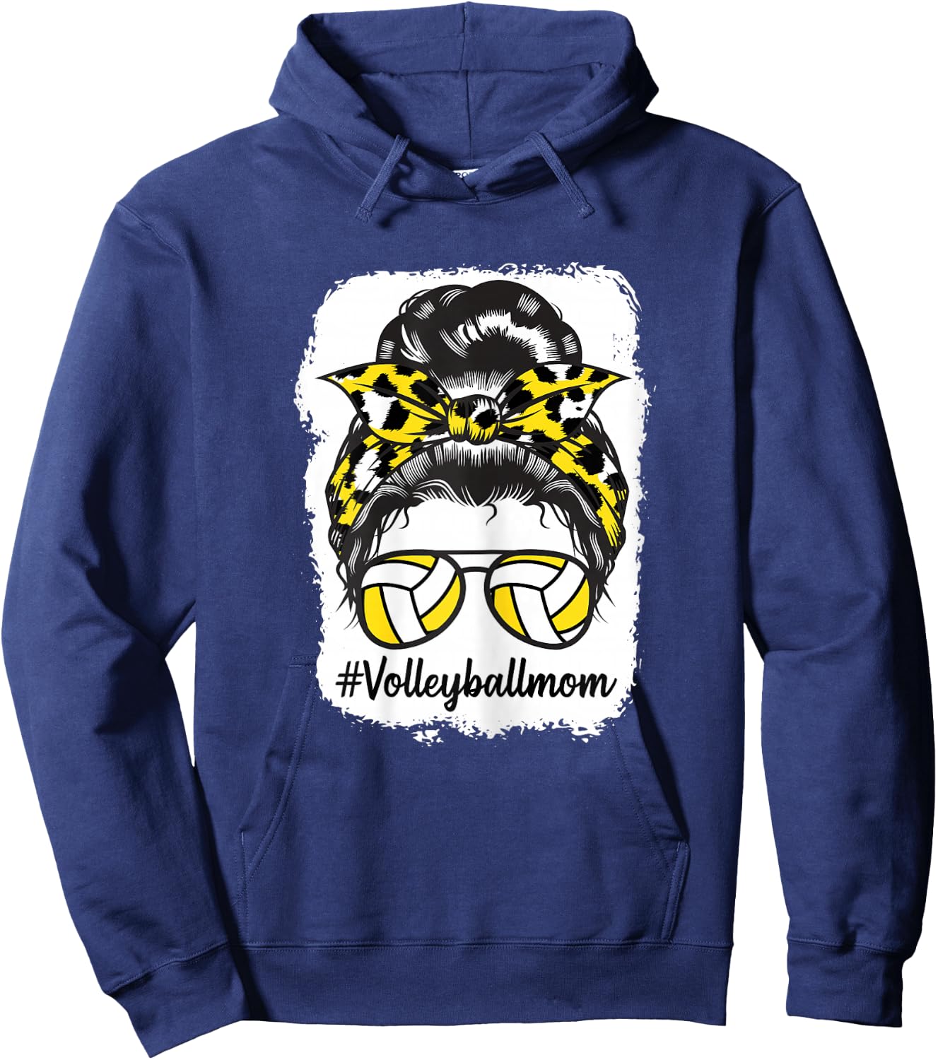 Bleached Volleyball Mom Messy Bun Yellow Leopard Print Hoodie - Hoodie | Navy