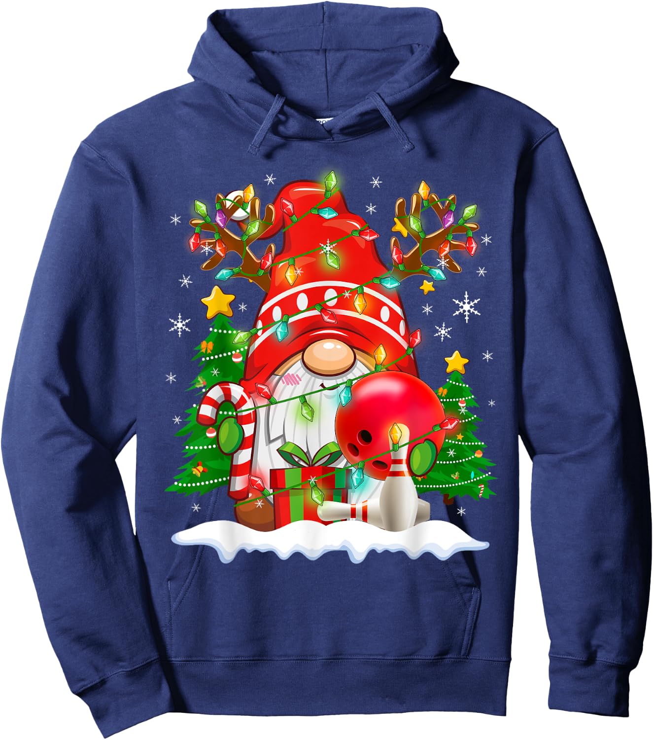 Funny Reindeer Gnome & Bowling Ball Christmas Lights Xmas Hoodie - Hoodie | Navy