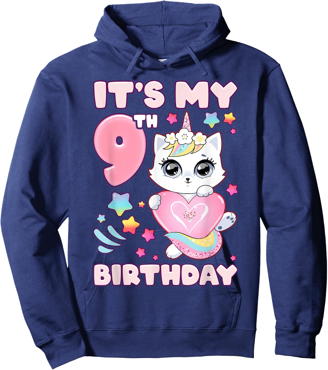 Birthday girl 9 years old, cat, unicorn, 9th birthday Hoodie - Hoodie | Navy