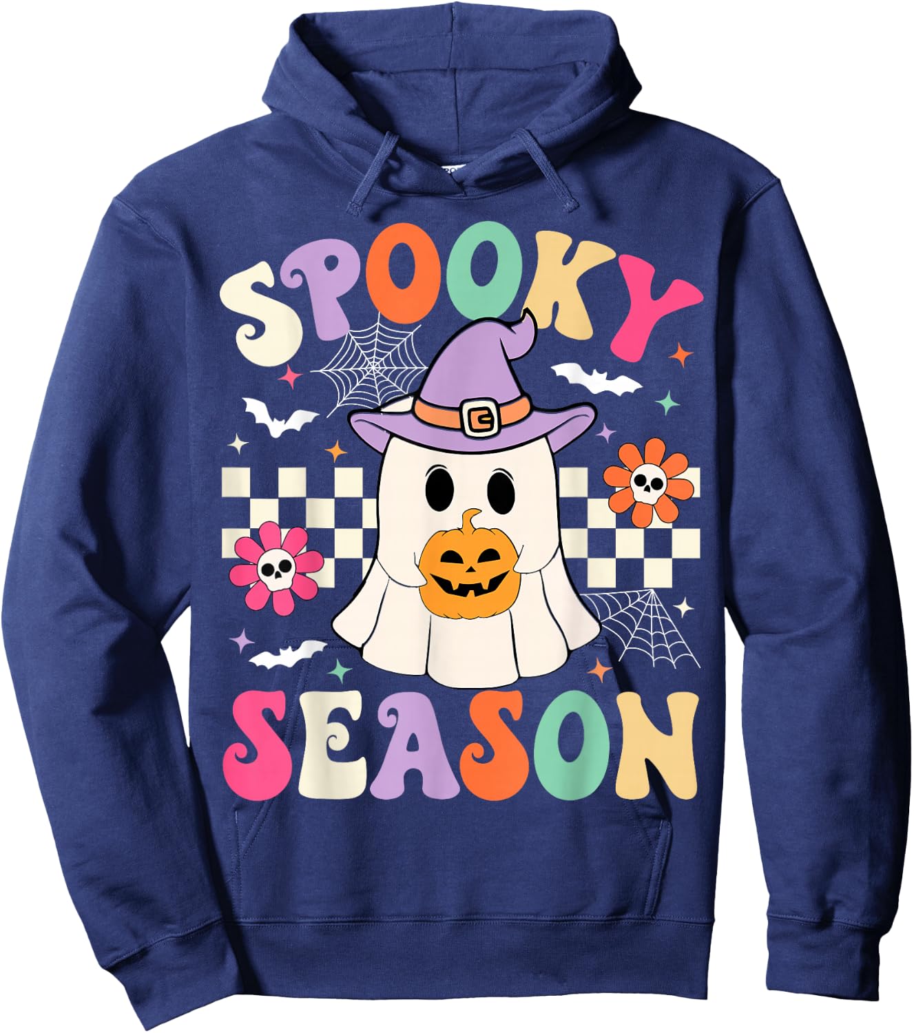 Groovy Spooky Season Retro Ghost Holding Pumpkin Halloween Hoodie - Hoodie | Navy