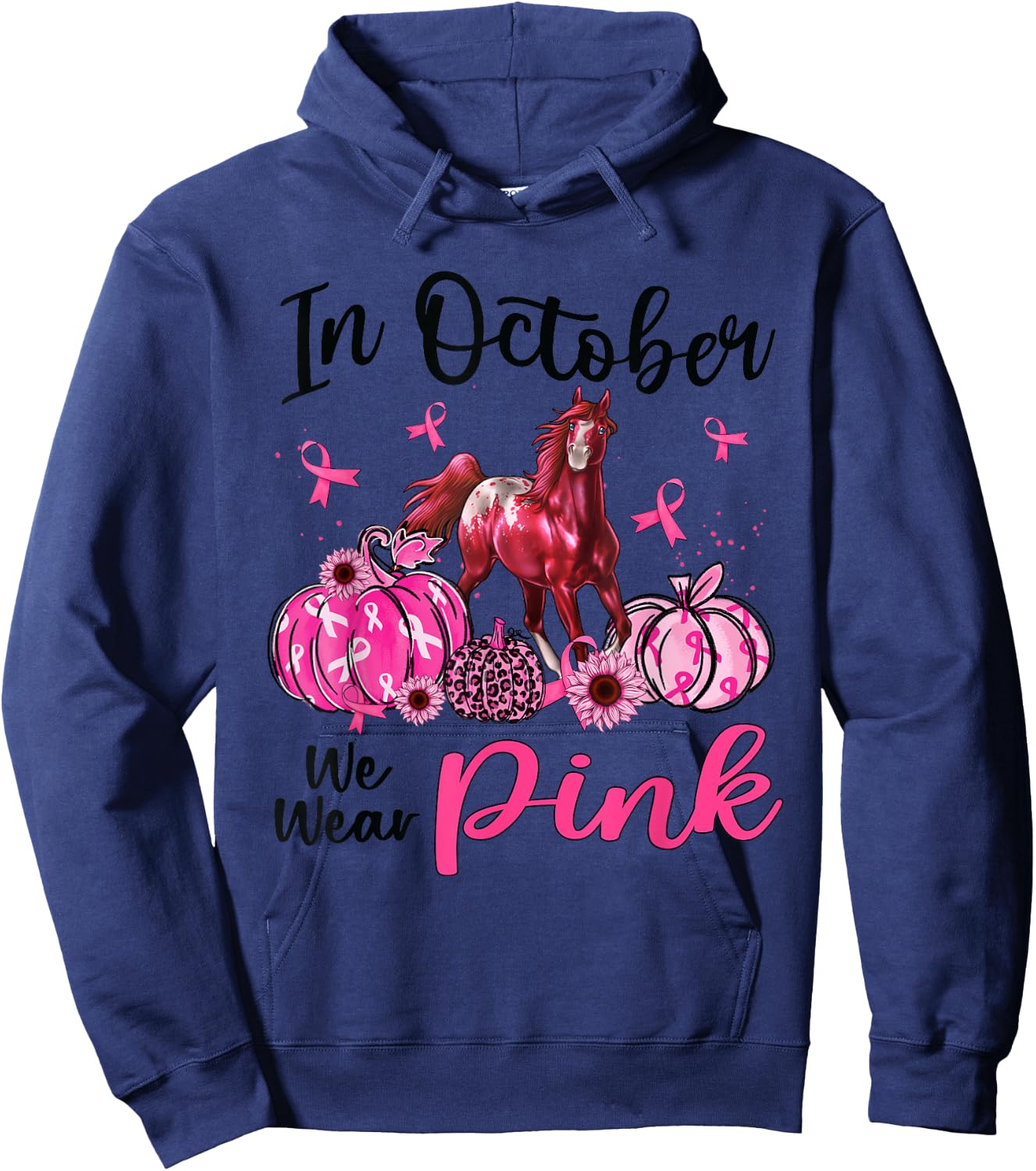 In October We Wear Pink Horse Pumpkin Leopard Breast Cancer Hoodie - Hoodie | Navy