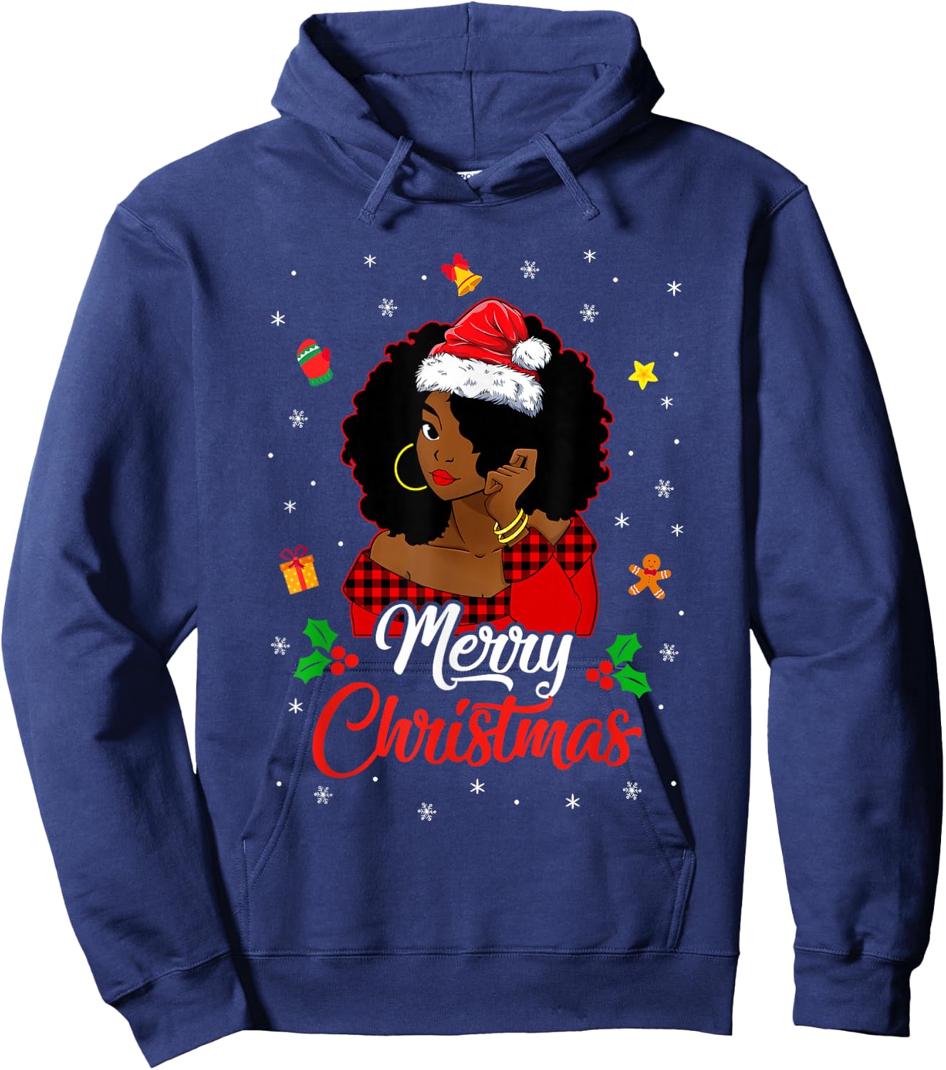 Black African Girl American Melanin Christmas Santa Hat Hoodie - Hoodie | Navy