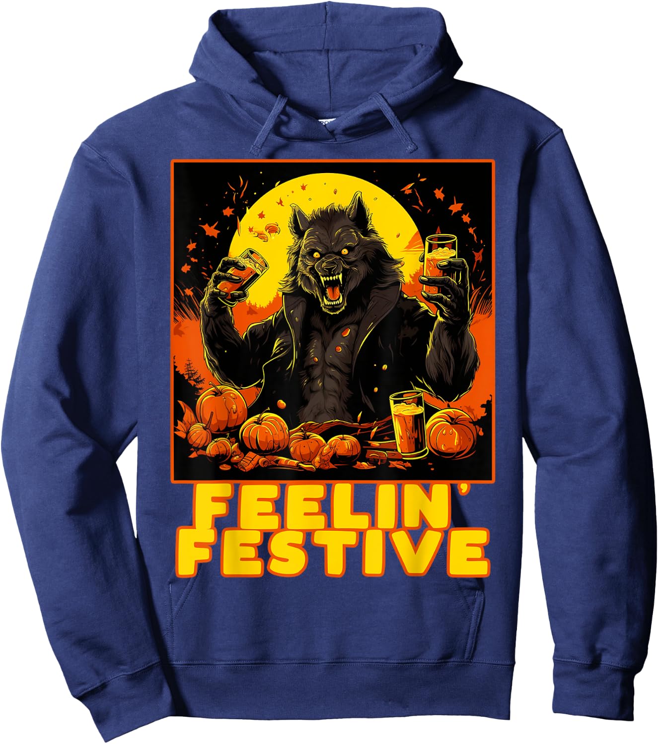 Funny Werewolf Drinking Halloween Costume Party Thanksgiving Hoodie - Hoodie | Navy