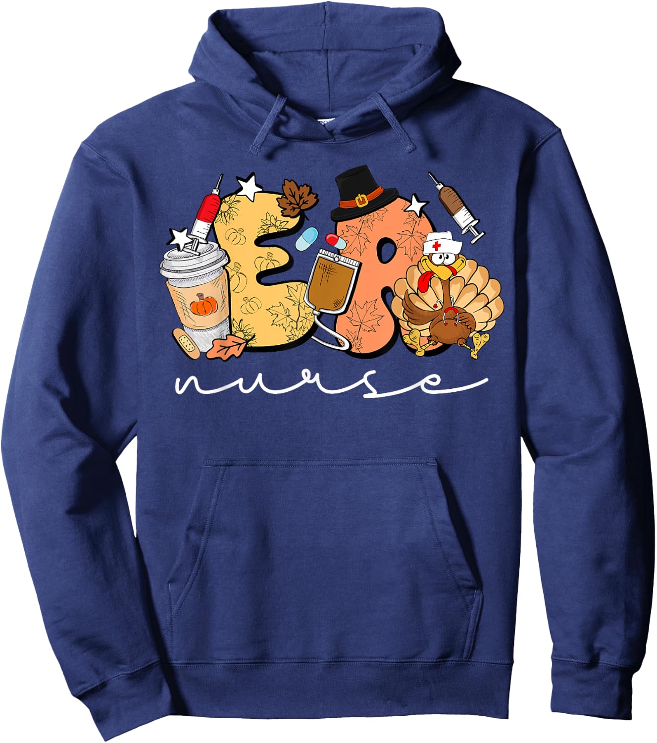 Retro Thanksgiving ER Nurse Turkey Emergency Room Nurse Hoodie - Hoodie | Navy