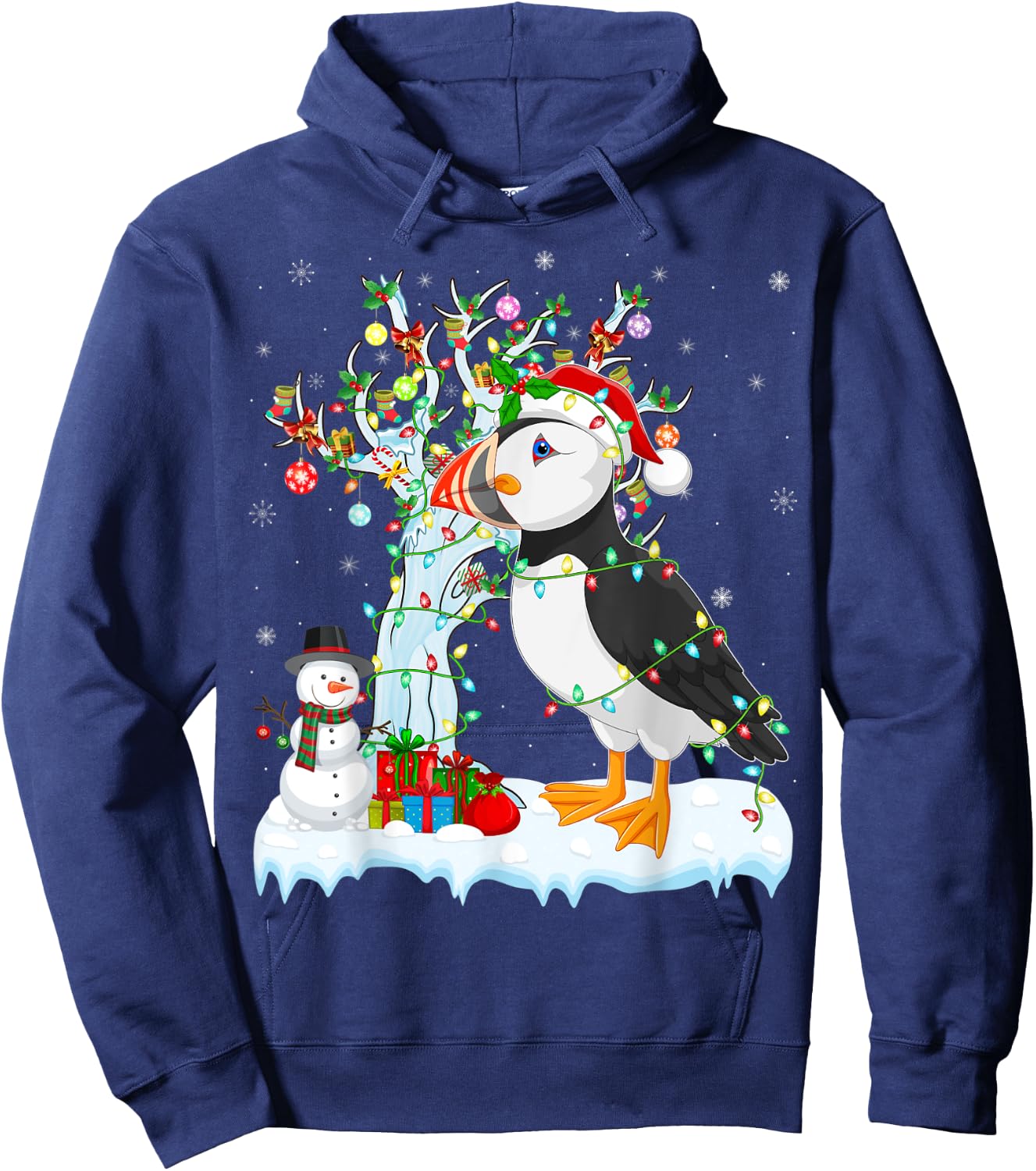 Puffin Bird Xmas Element Tree Lighting Puffin Christmas Hoodie - Hoodie | Navy