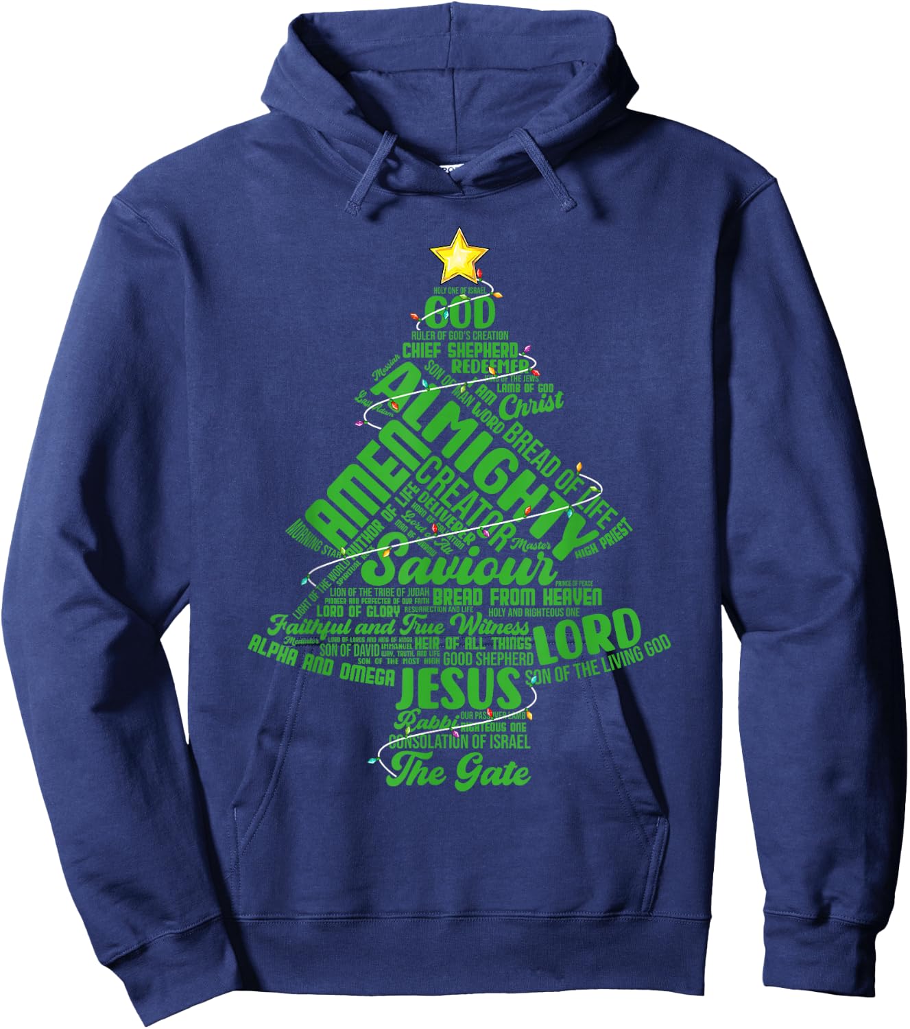 Names Of Jesus Christmas Tree Lights Christian Xmas Pajama Hoodie - Hoodie | Navy