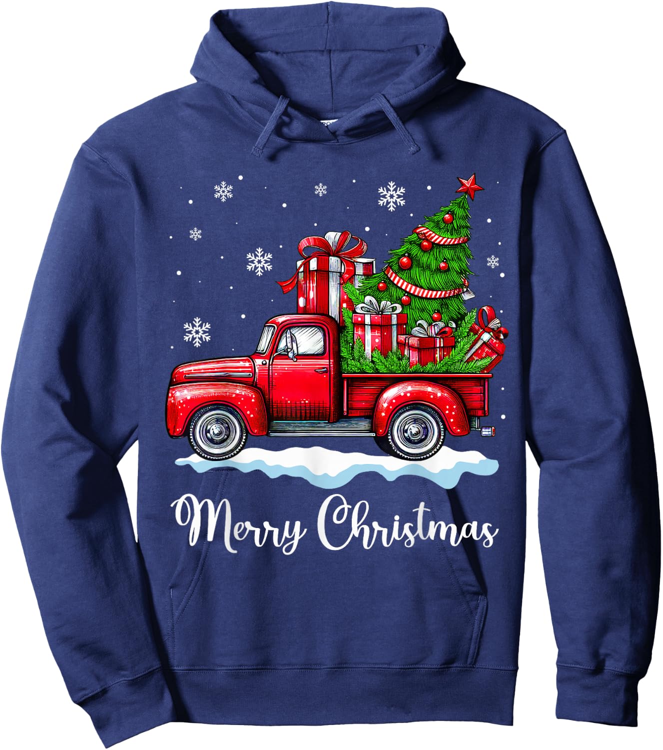 Vintage Merry Christmas Red Truck Funny Xmas Tree Boys Men Hoodie - Hoodie | Navy