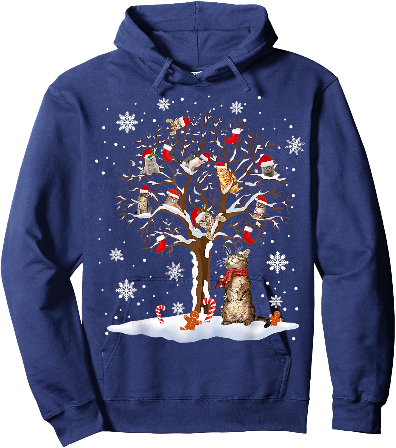 Cats In Snow Tree Winter Christmas Santa Hat X-mas Hoodie - Hoodie | Navy
