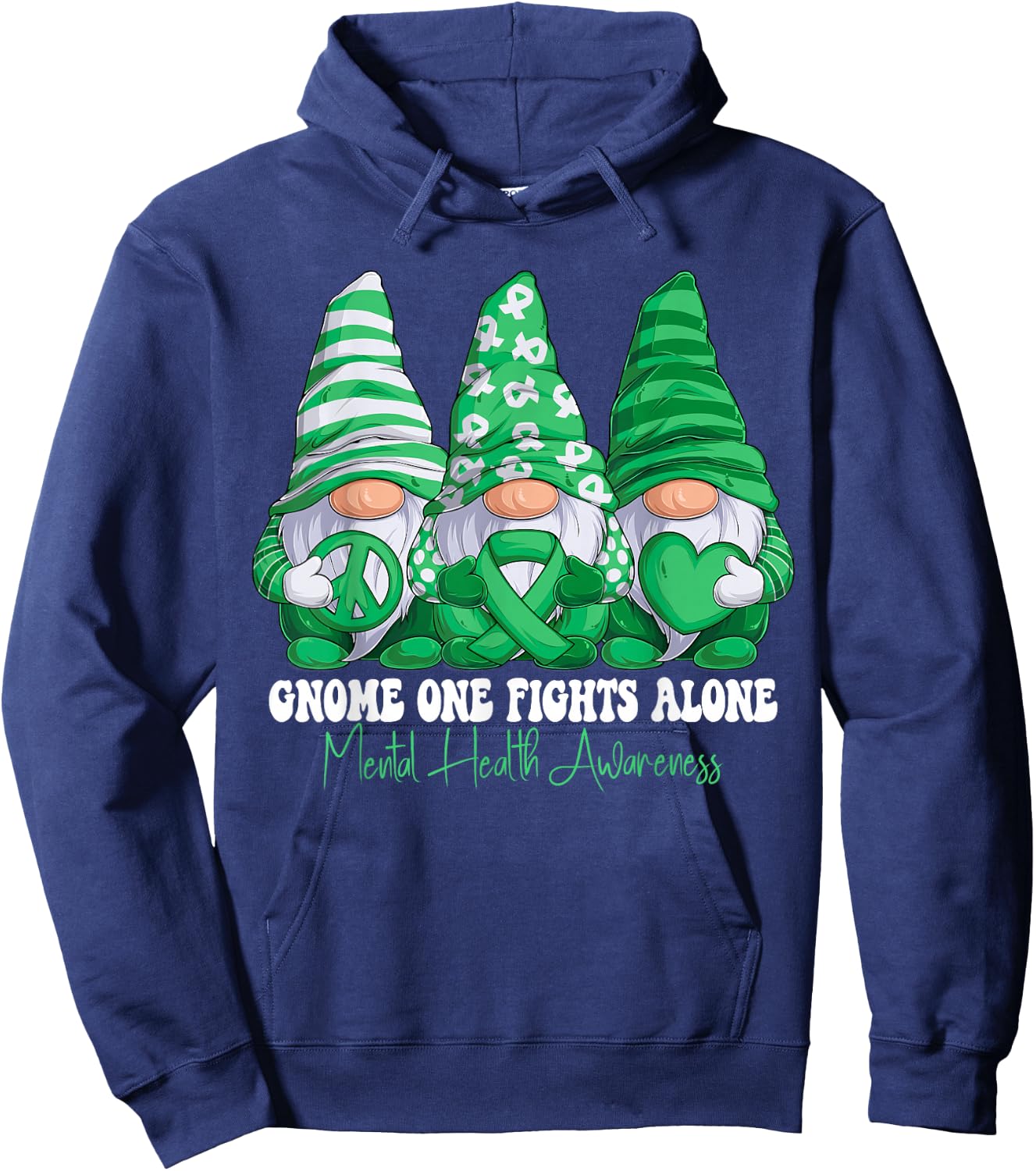 Mental Health Awareness Month Green Ribbon Gnomies Support Hoodie - Hoodie | Navy