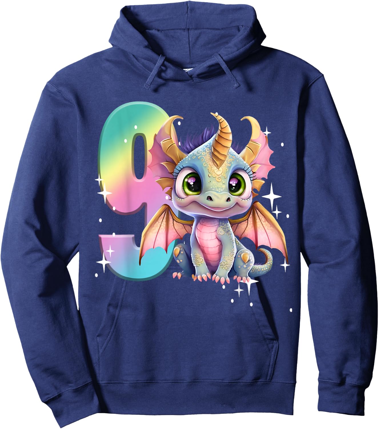9th Birthday Shirt Dragon Party Rainbow Girl Dragon Nine 9 Hoodie - Hoodie | Navy