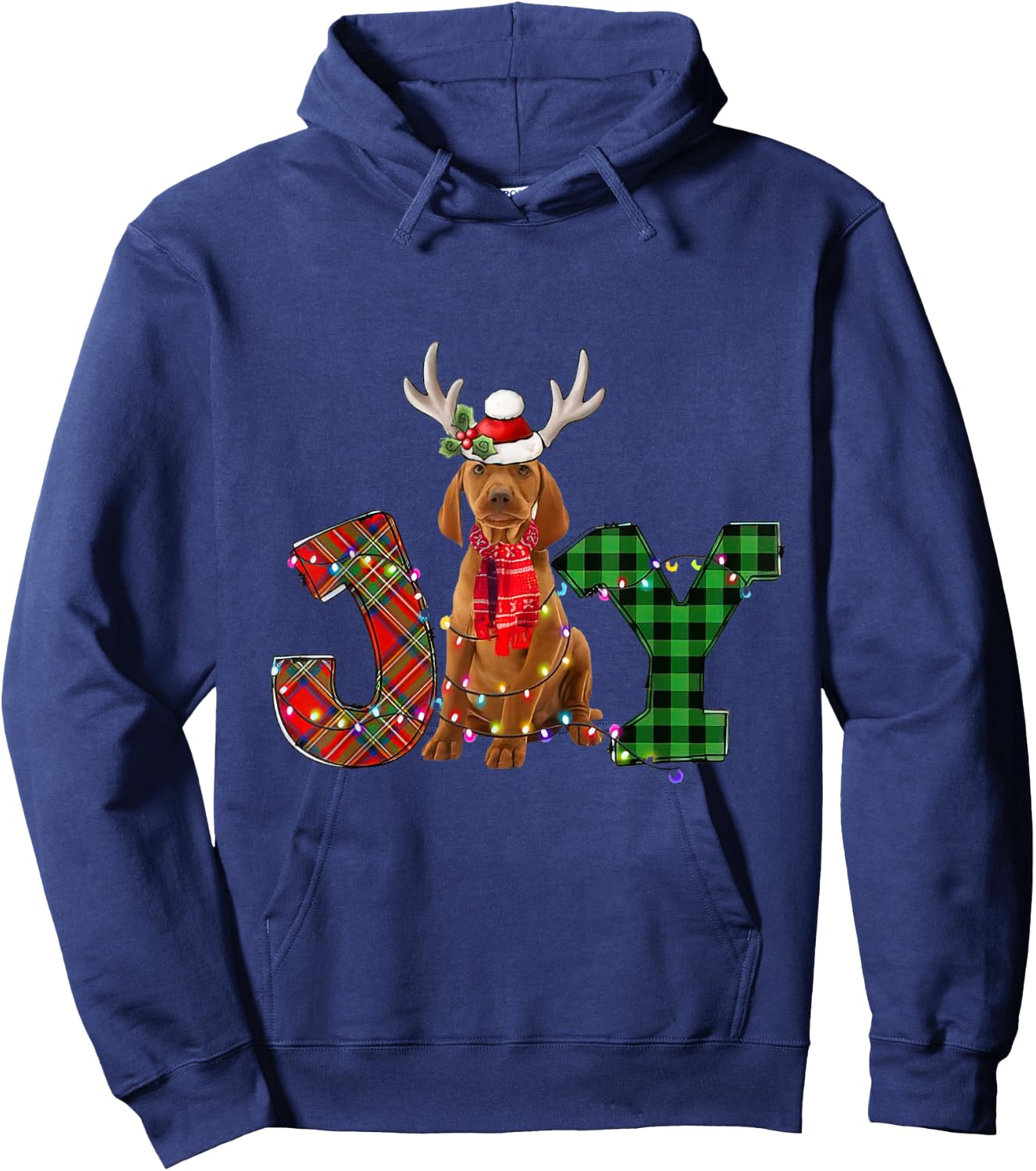 Joy Christmas Lights Vizsla Dog Santa Hat Pajama Men Women Kids Hoodie - Hoodie | Navy