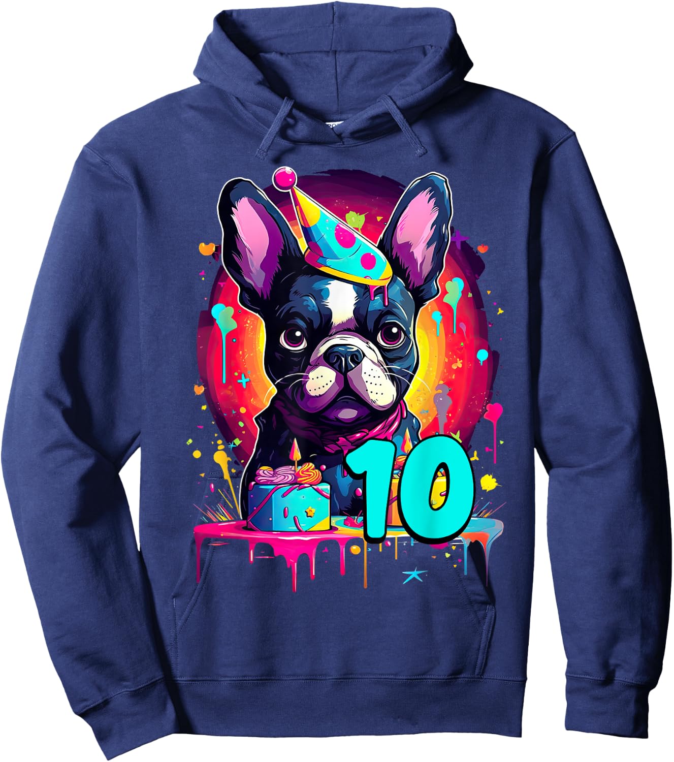 French Bulldog Dog 10th Birthday Themed Party 10 Years Old Men Women Girls Kids Hoodie - Hoodie | Navy