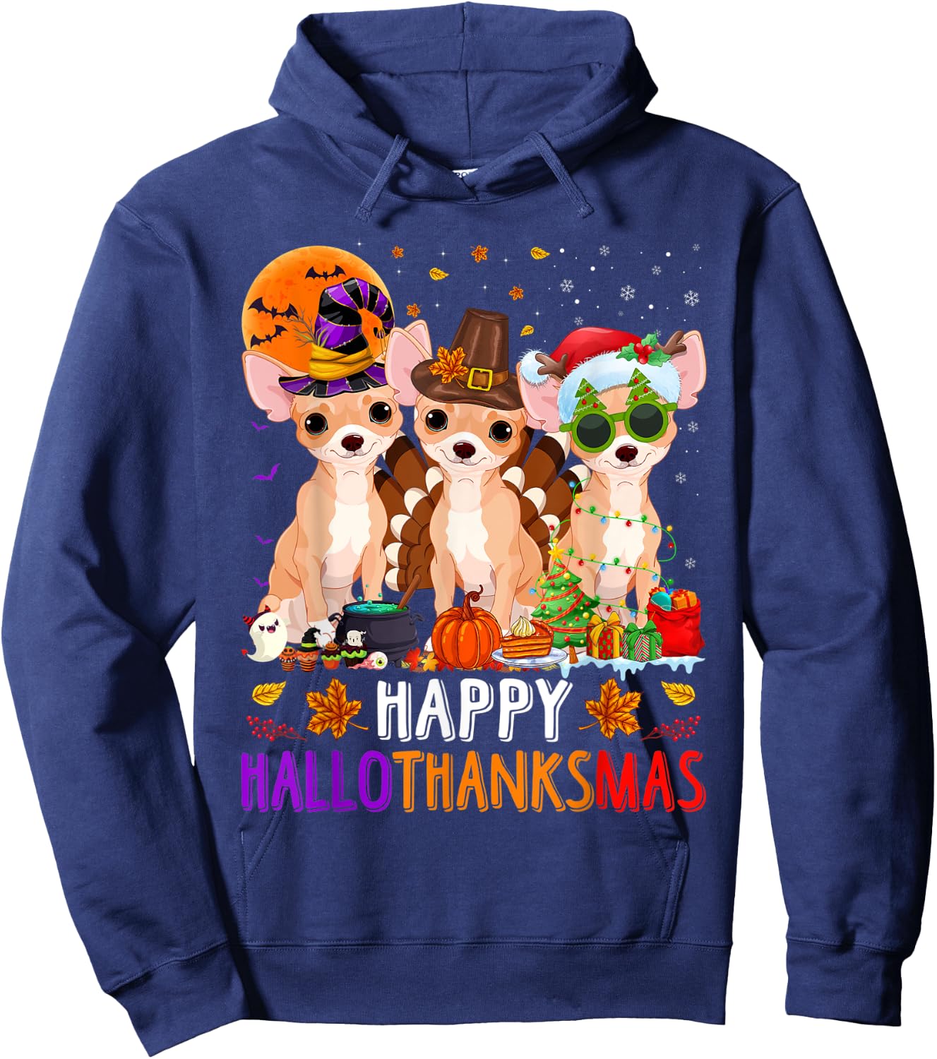 Happy Hallothanksmas Chihuahua Dog Halloween Christmas Hoodie - Hoodie | Navy