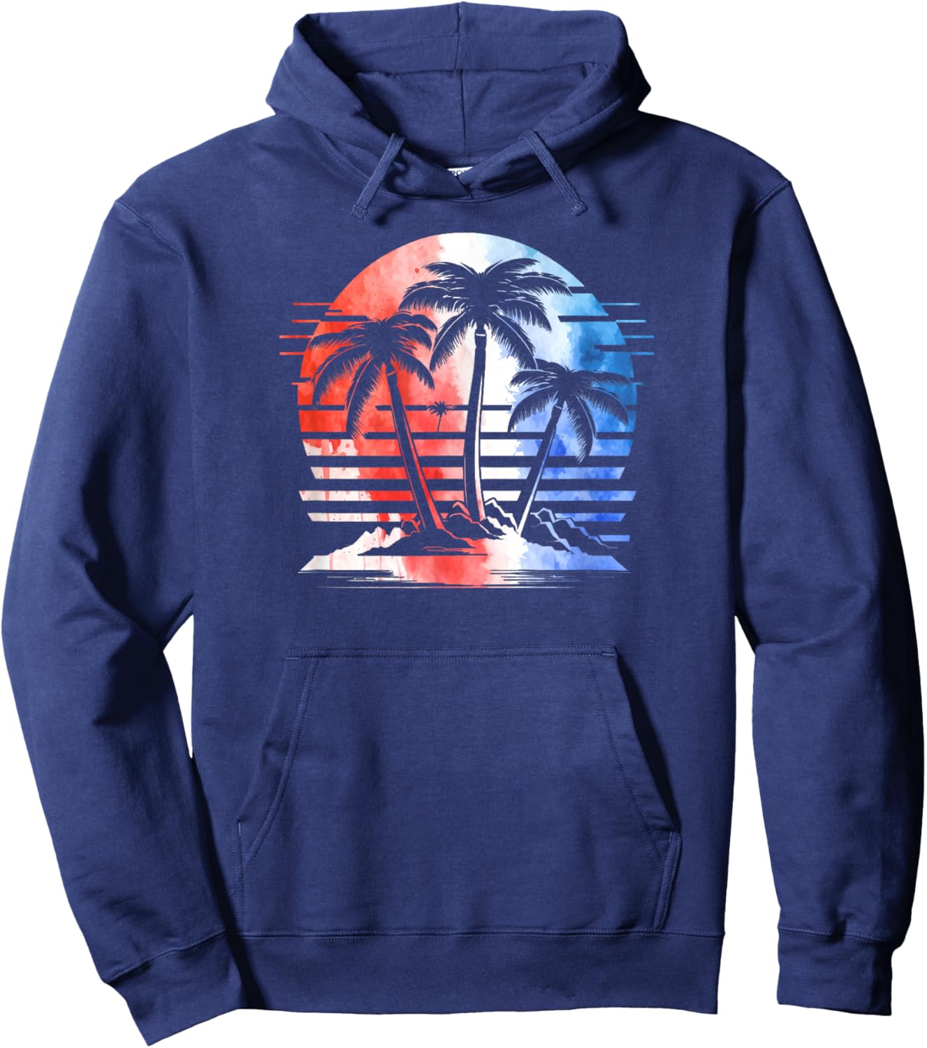 Red White Blue Retro Beach Palm Trees 4th of July Patriotic Hoodie - Hoodie | Navy