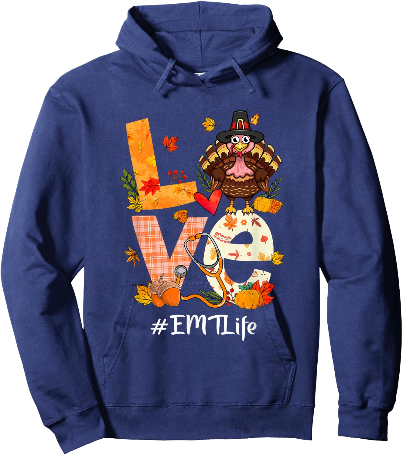 Love EMT Life Funny Turkey Pumpkin Leopard Thanksgiving Hoodie - Hoodie | Navy