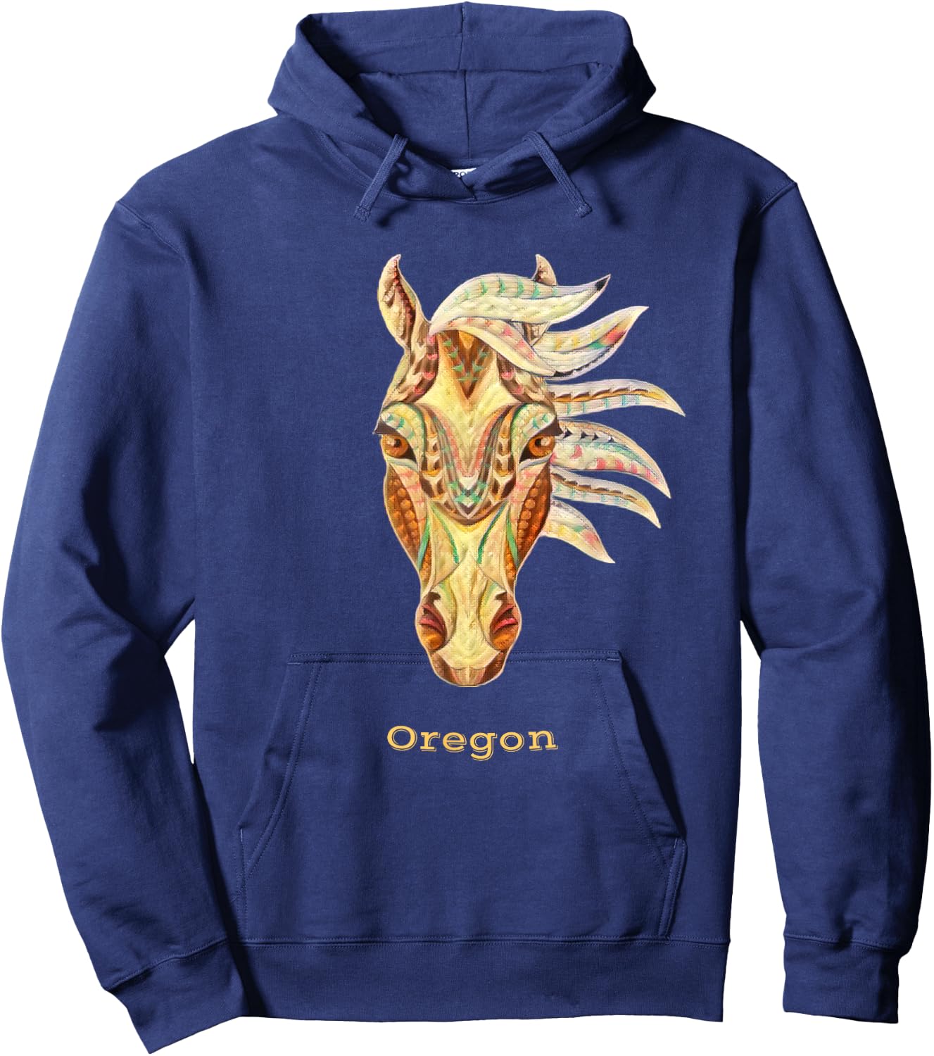 Oregon Colorful Horse Tribal Native American Geometric Hoodie - Hoodie | Navy